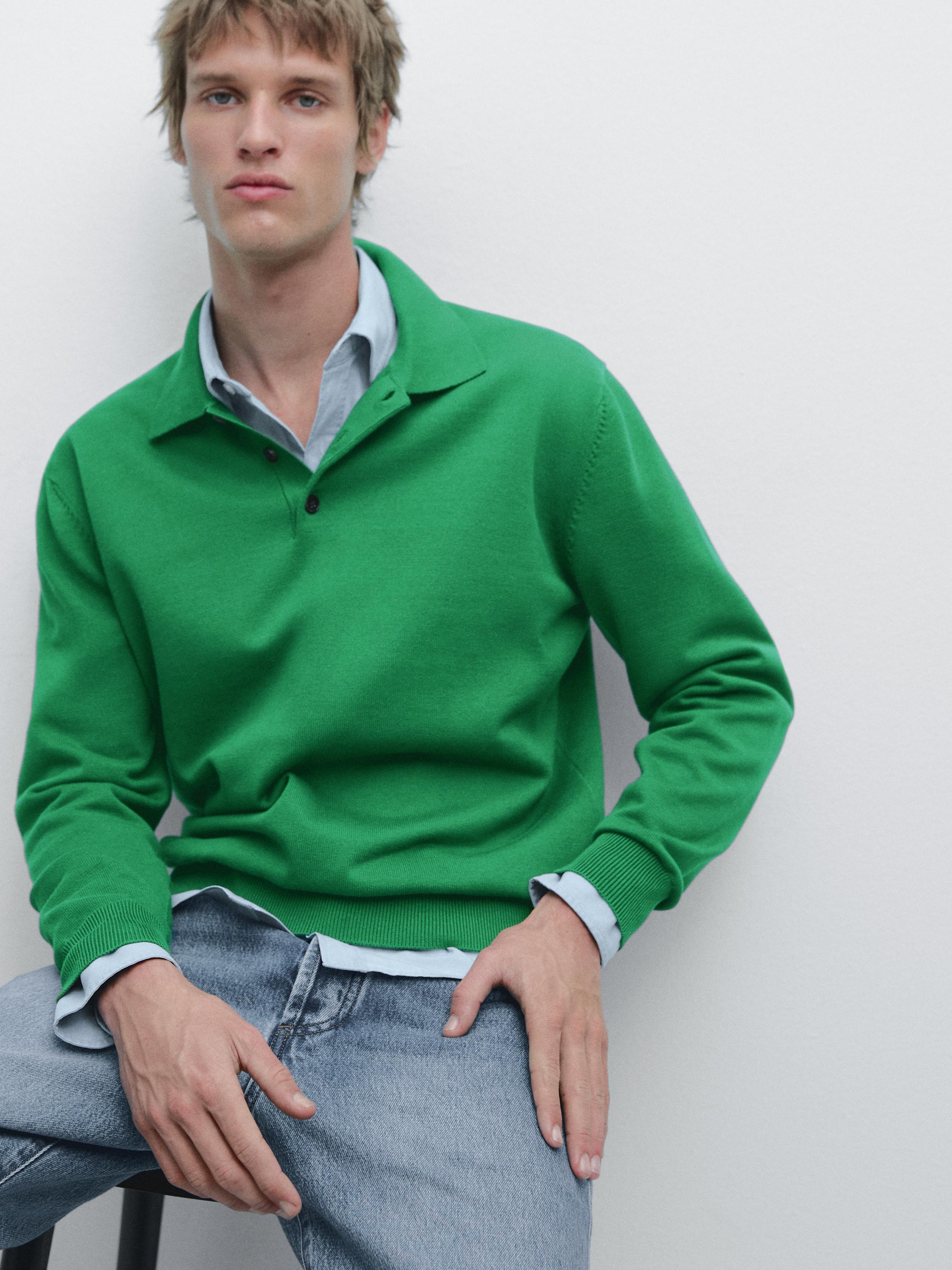 Cotton knit polo collar sweater — Green billiard