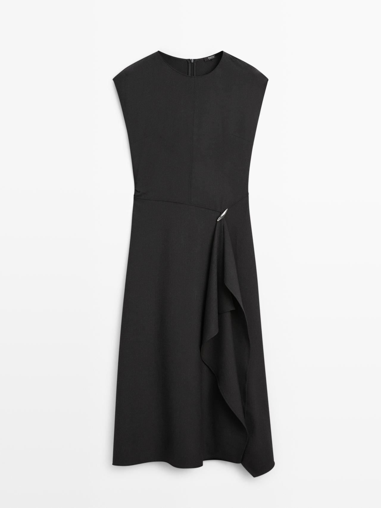 Massimo Dutti - Dame - Midikjole Med Brochedetalje - Kulgrå - 34