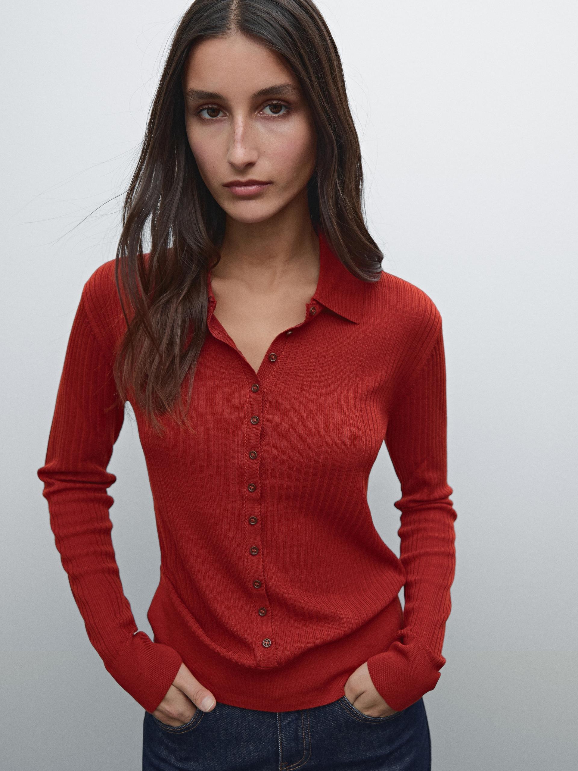 Sweter Z Prążkowanej Dzianiny Z Kołnierzykiem Polo I Guzikami - Czerwony - L - Massimo Dutti - Kobieta