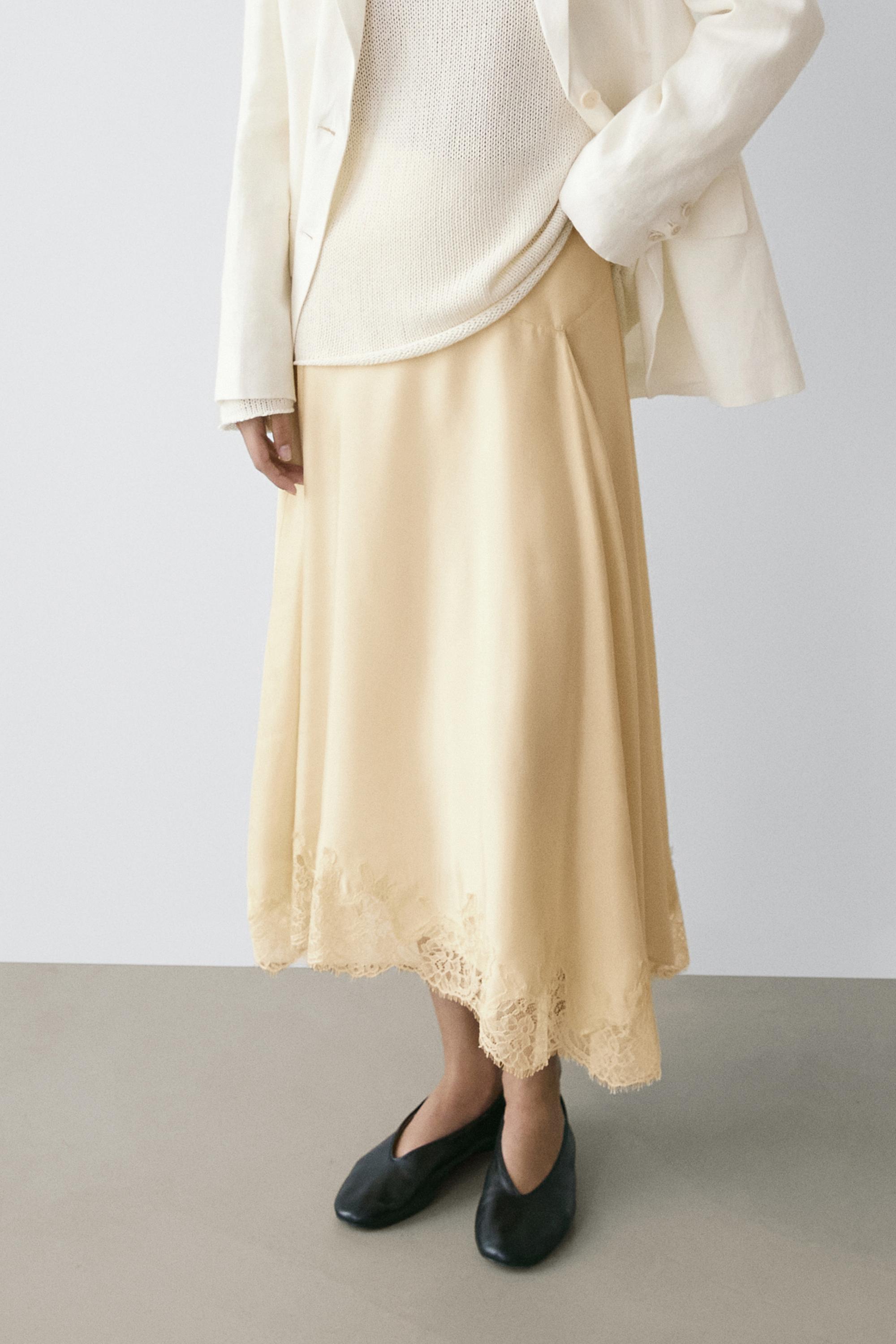 Asymmetric camisole skirt with lace trim — Vanilla