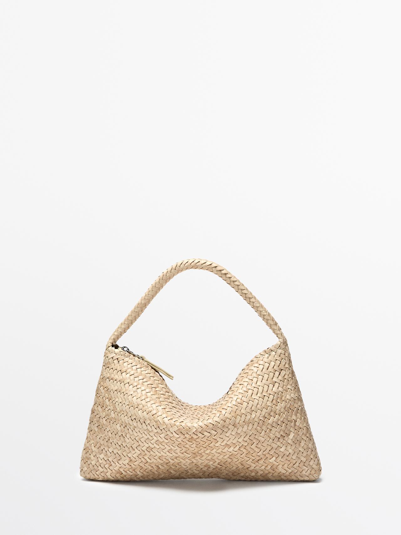 Massimo Dutti - Dames - Kleine Gevlochten Leren Schoudertas - Ecru - 01