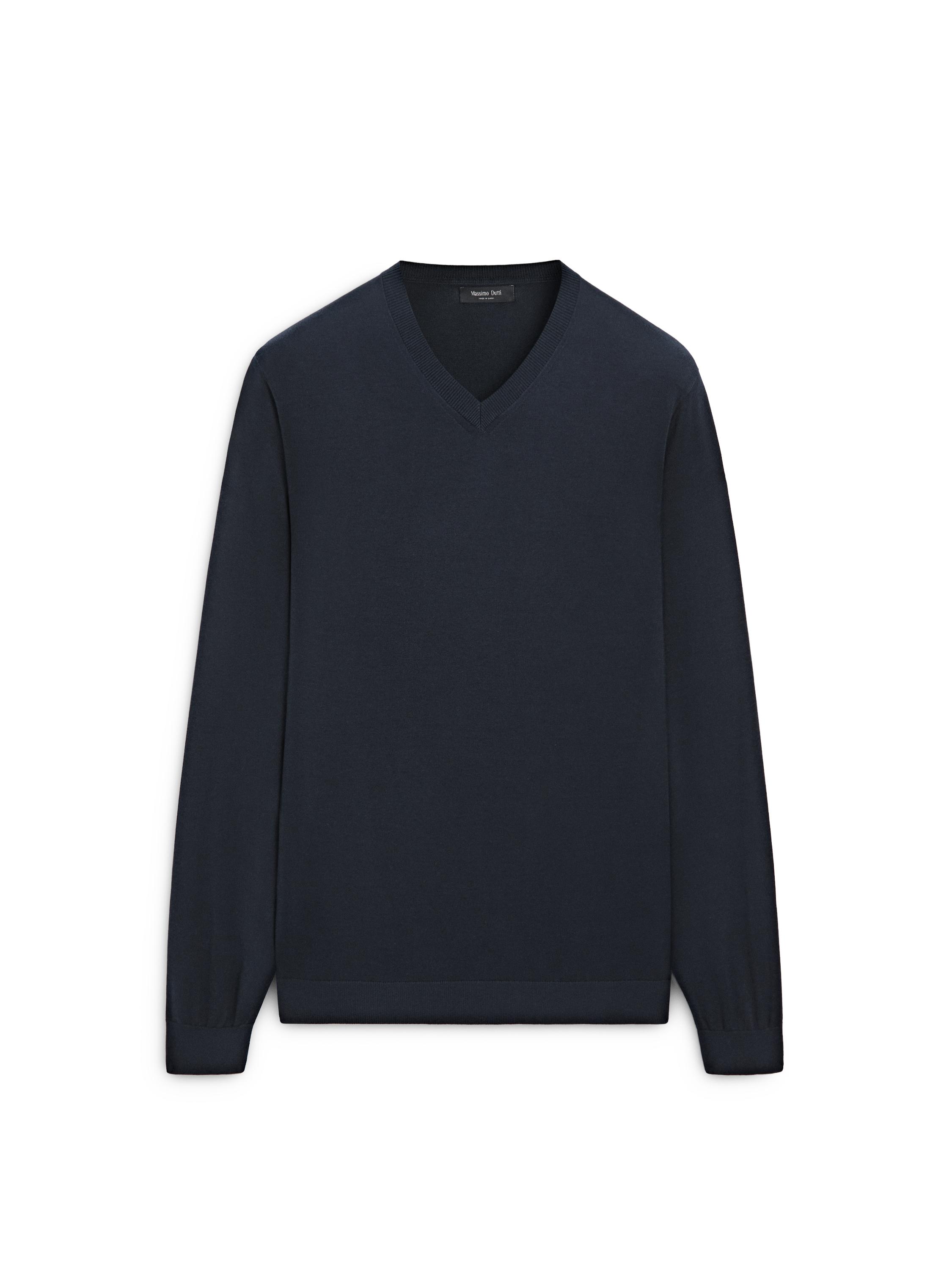 Cotton blend V-neck knit sweater — NAVY BLUE (alternate view)