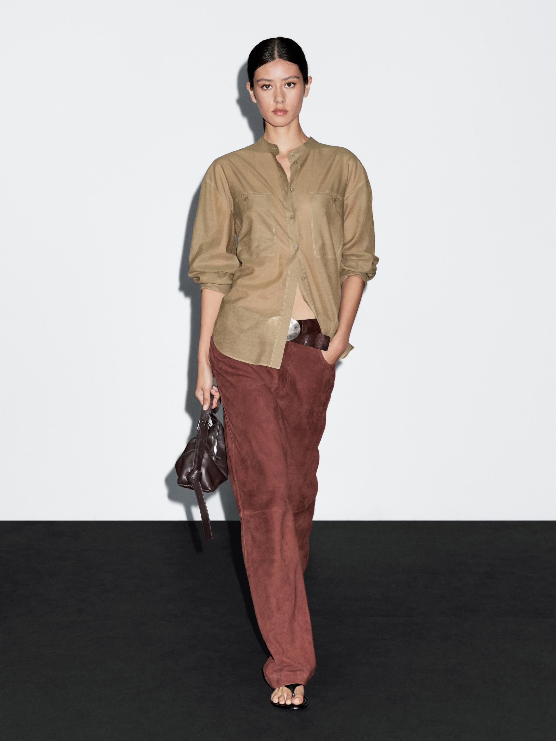 Długa Koszula Ze Stójką - Khaki - S - Massimo Dutti - Kobieta