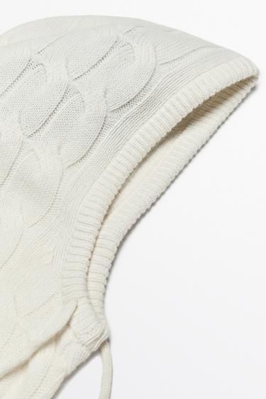 Cotton blend cable-knit balaclava with tie — BEIGE 2