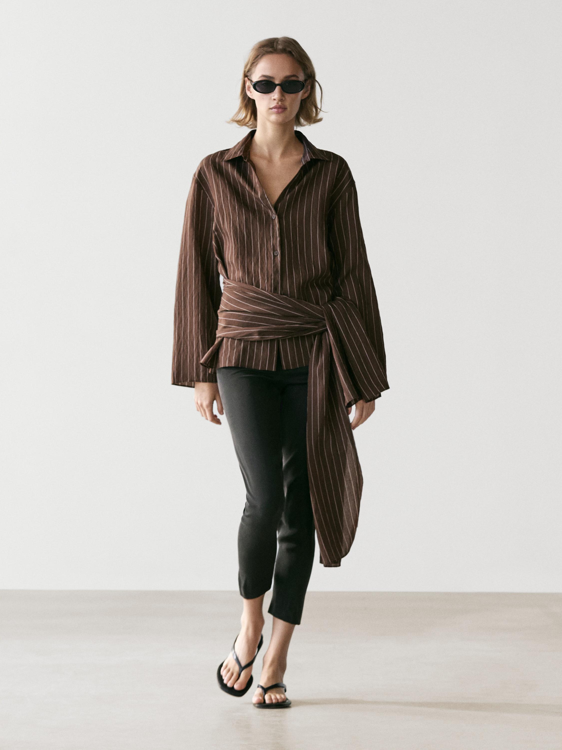 Striped shirt with scarf detail — BROWN