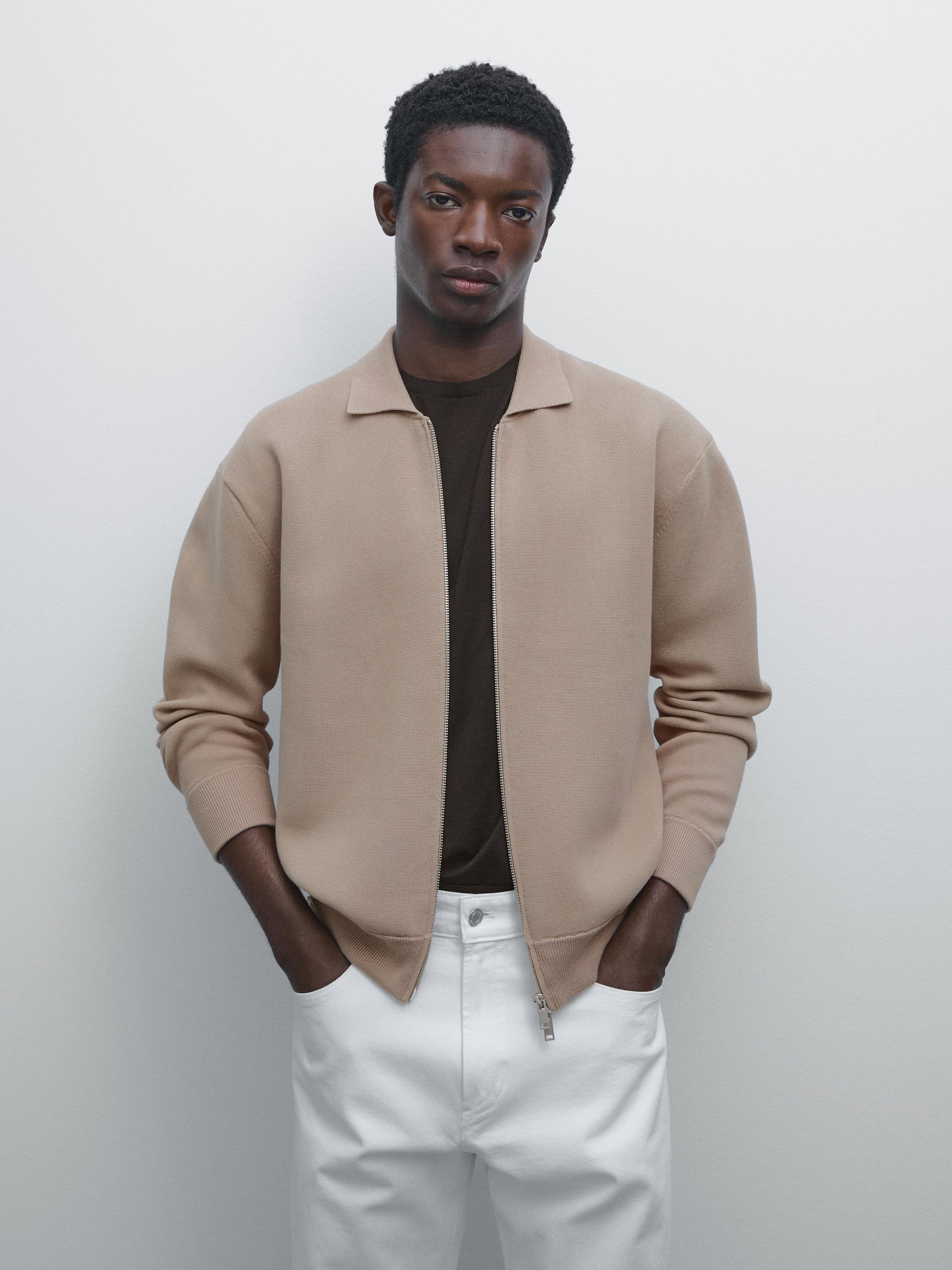 Cotton blend zip-up knit cardigan