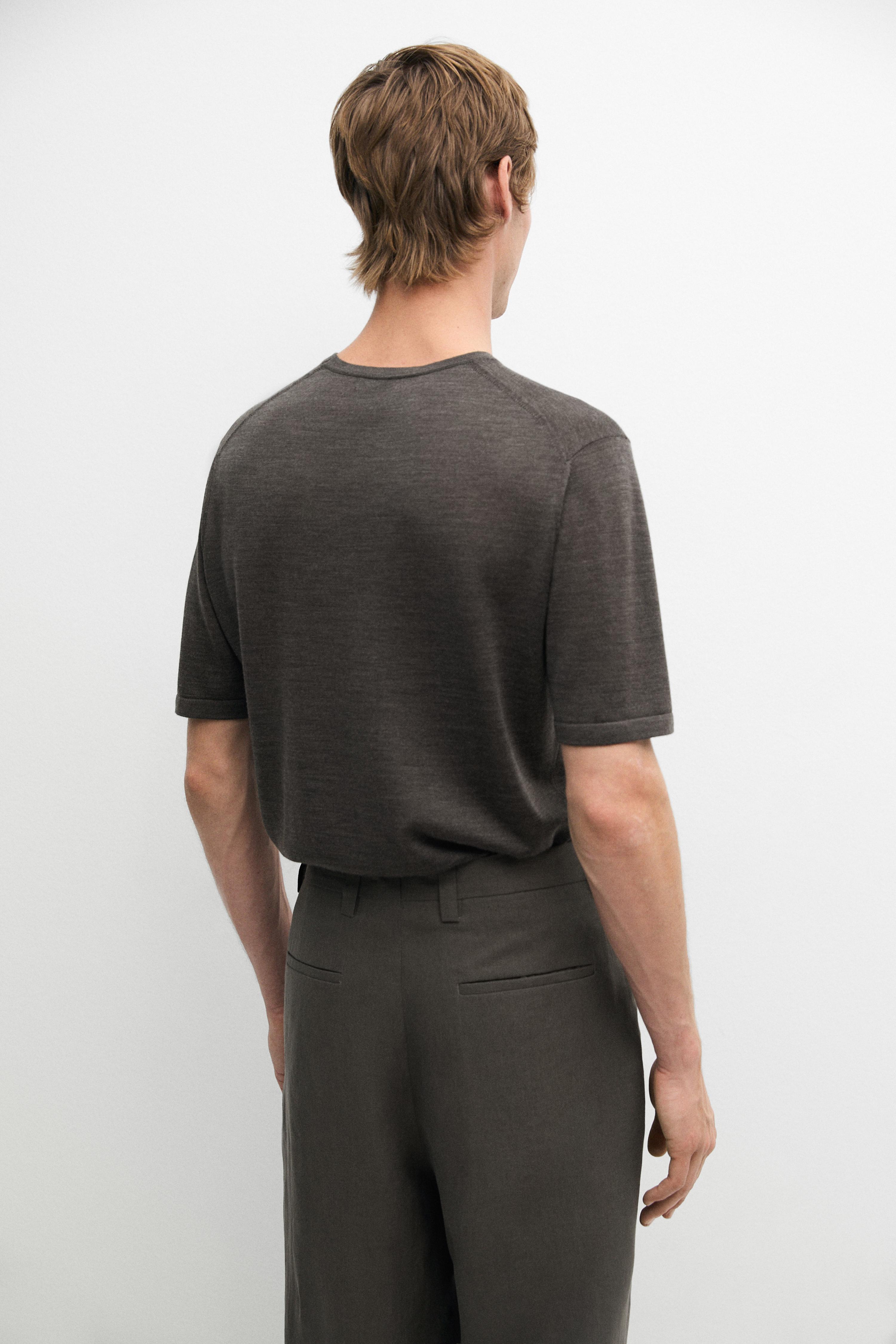 Wool-blend short-sleeve knit sweater — Greyish green