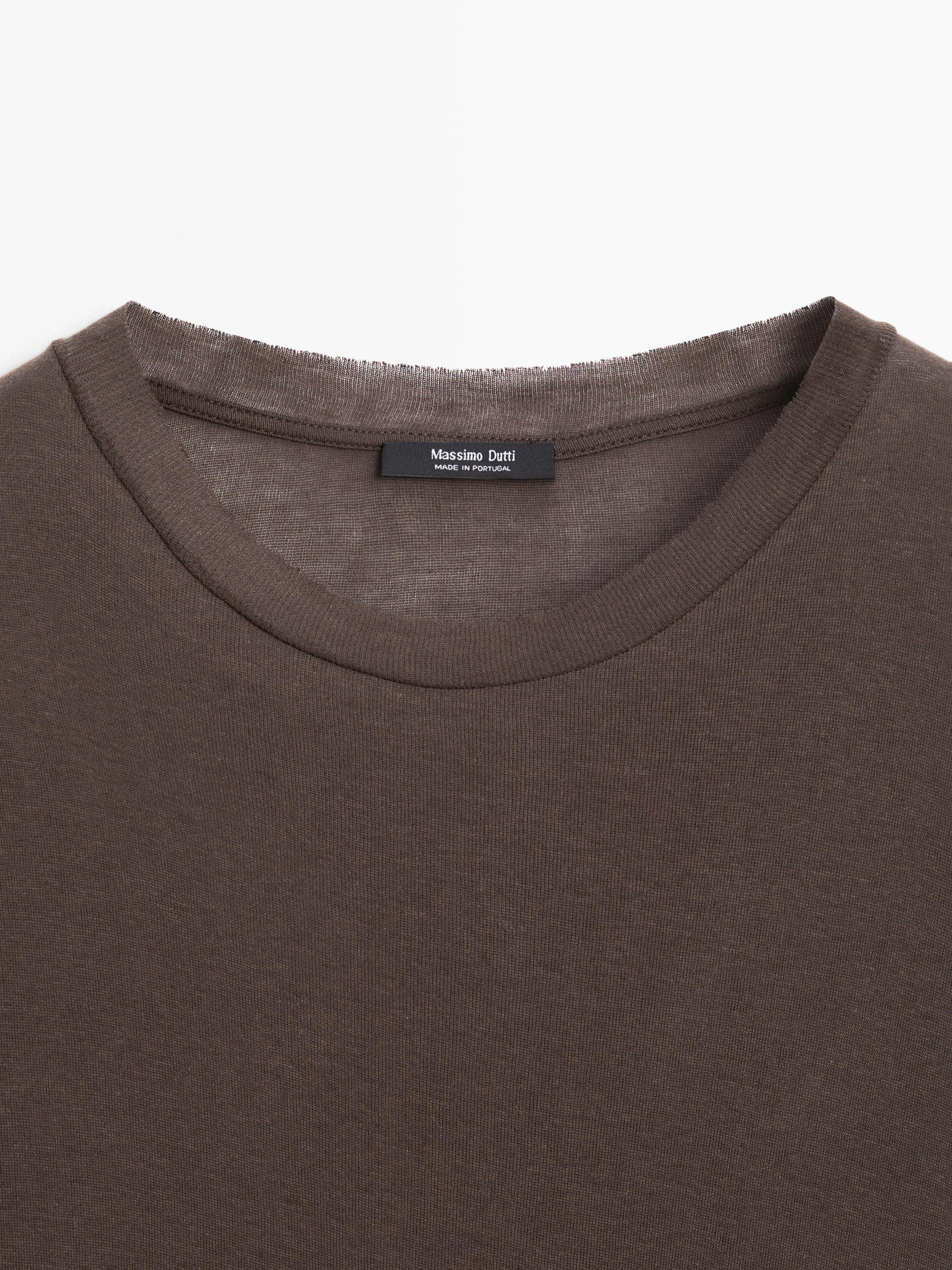 100% cotton semi-sheer T-shirt with collar detail — BROWN