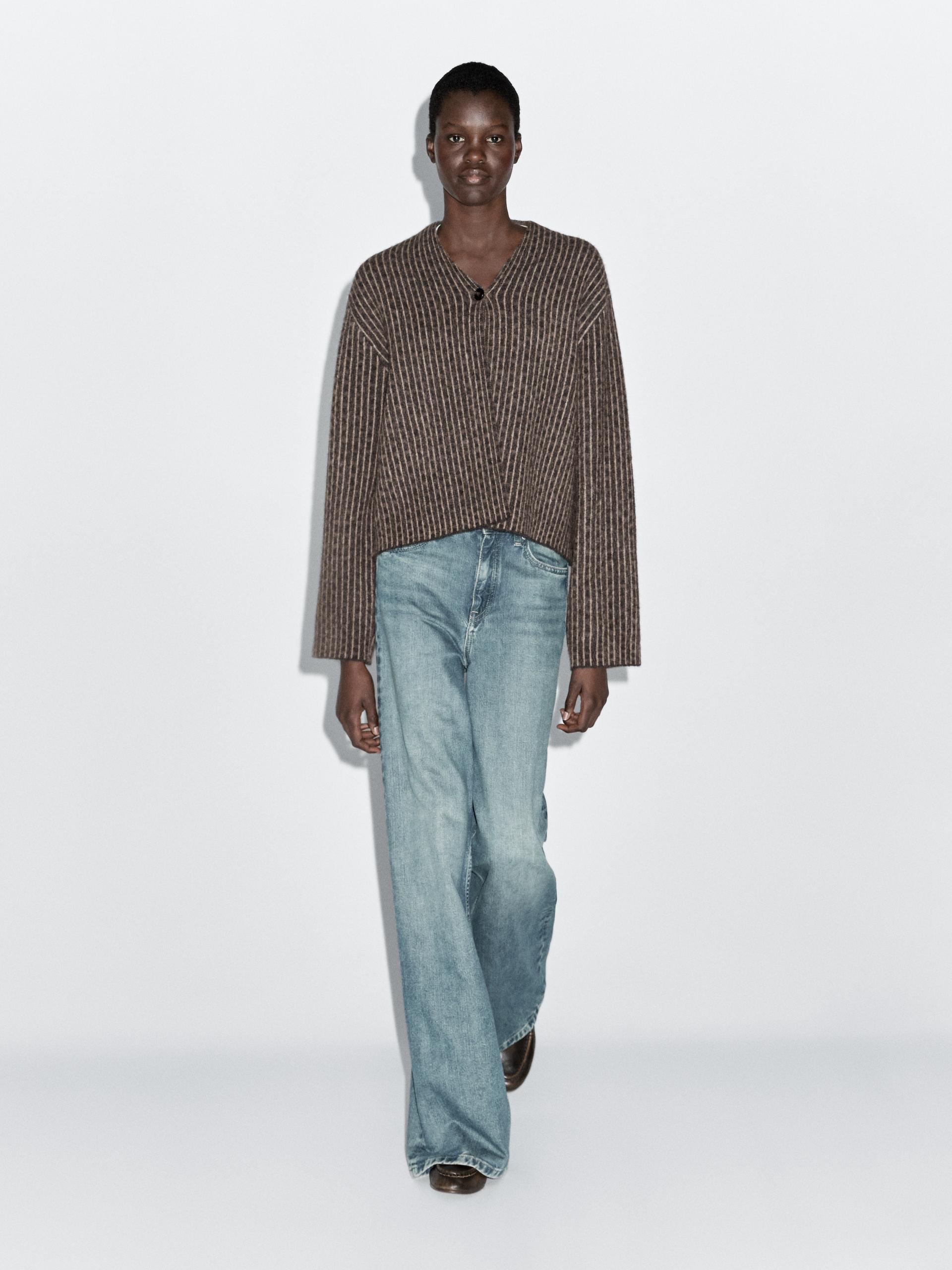 Massimo Dutti Short Pinstripe Cardigan In Brown