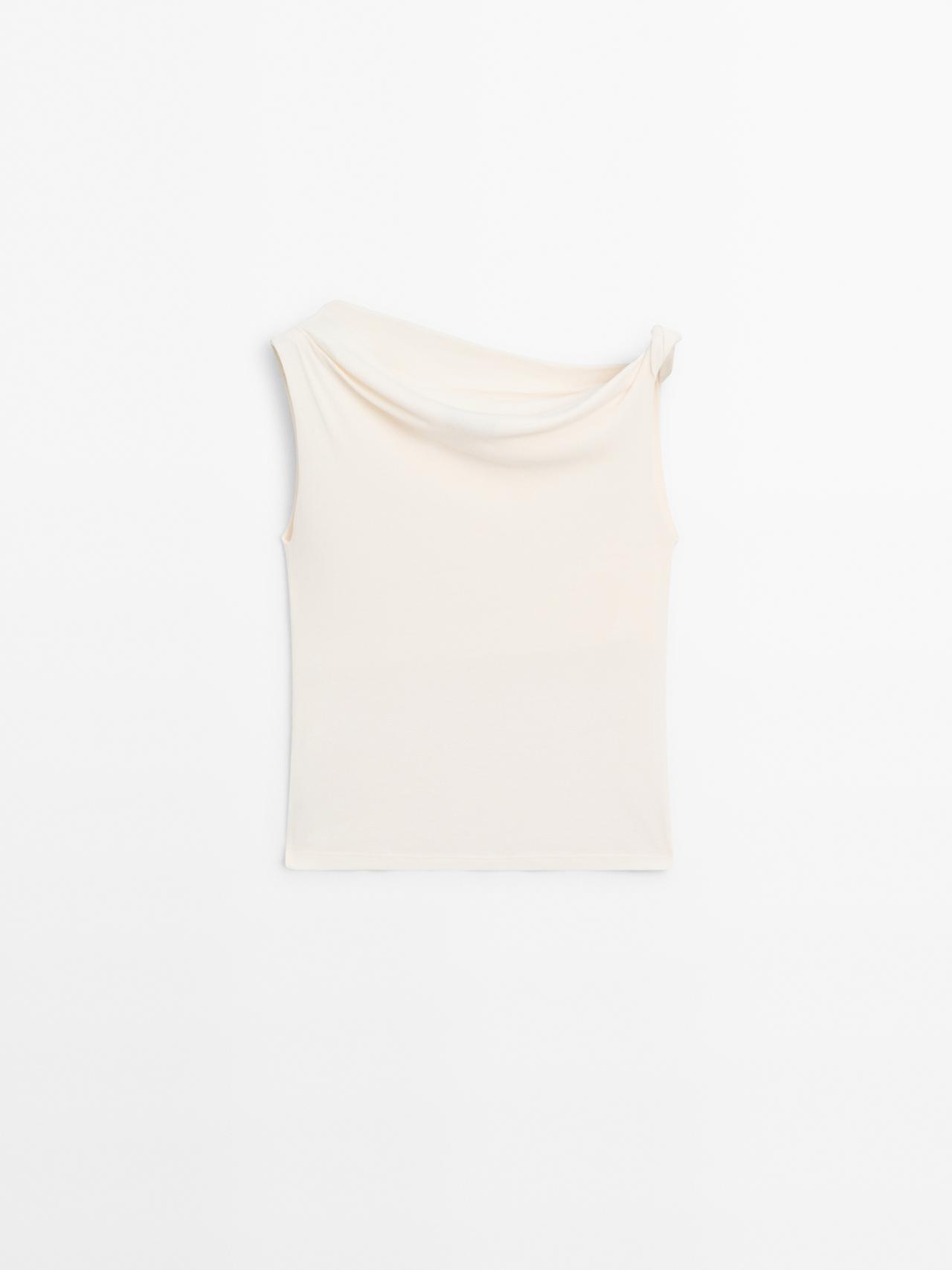 Massimo Dutti - Dame - Draperet Top I Bomuld Med Knudedetalje - Råhvid - L