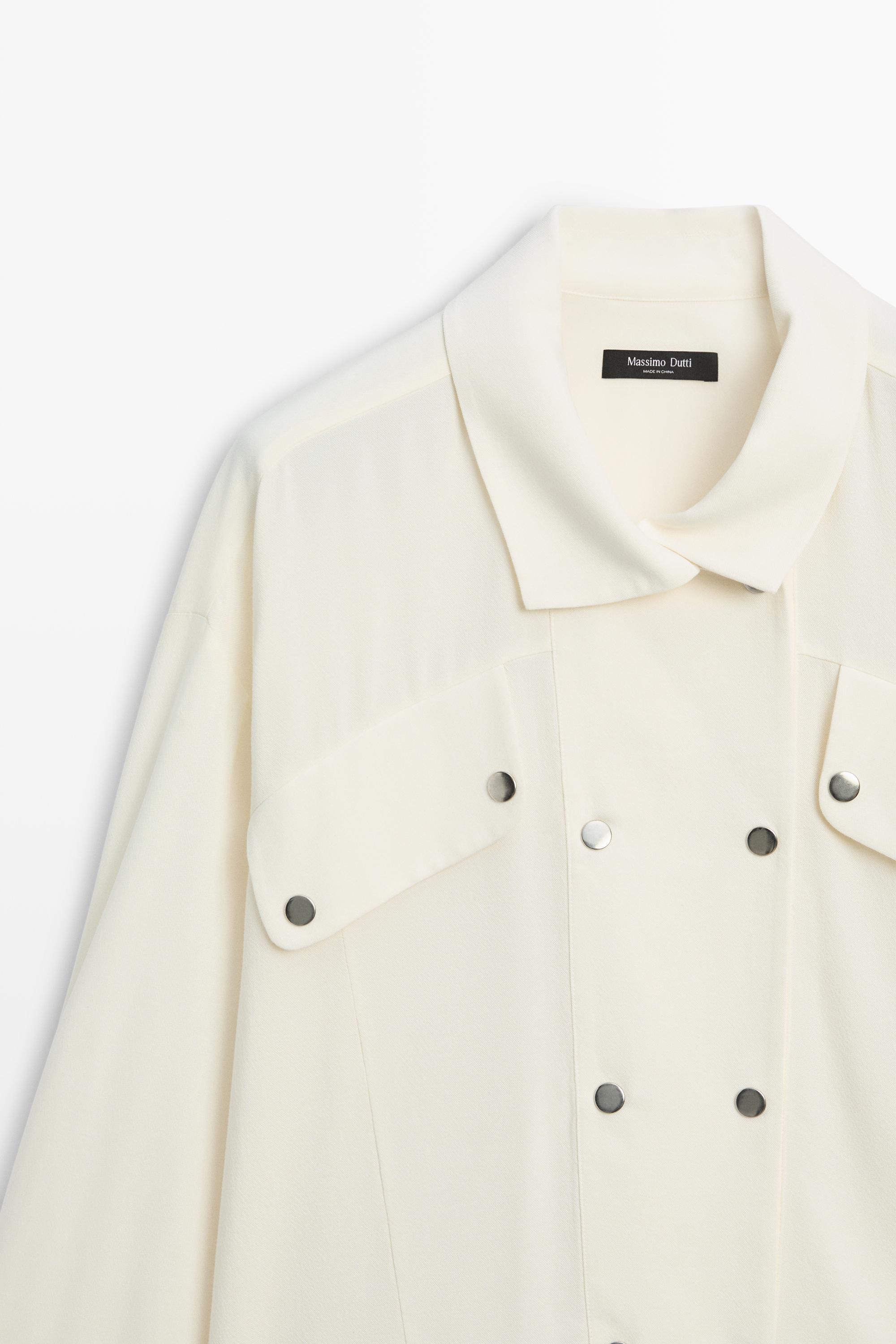 Snap-button stand collar shirt — CREAM