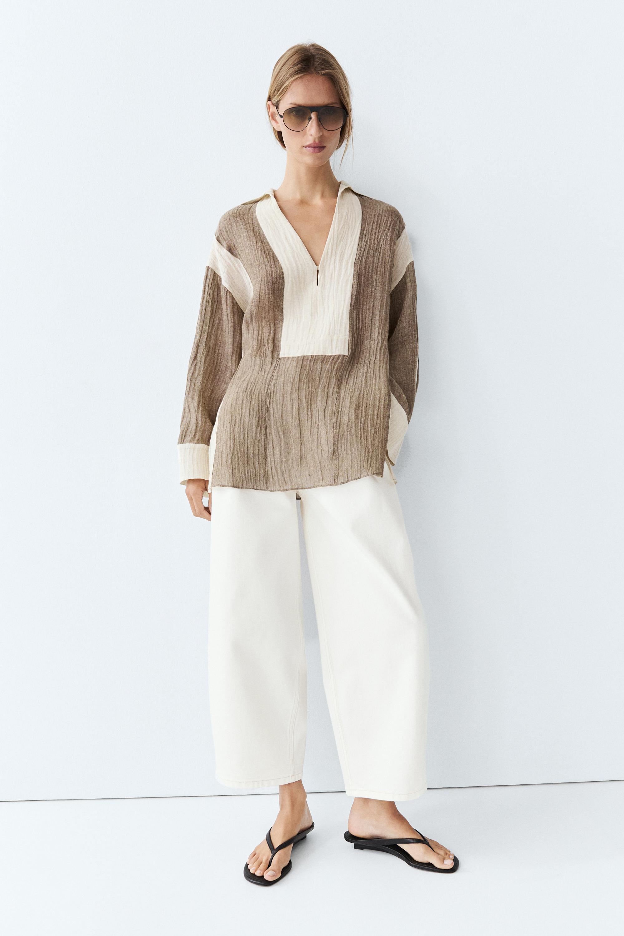 Flowing textured linen blend blouse — TAUPE GREY