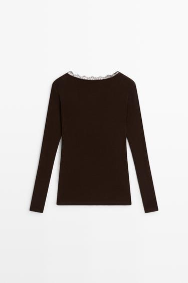Long sleeve T-shirt with lingerie-inspired detail — BROWN 6