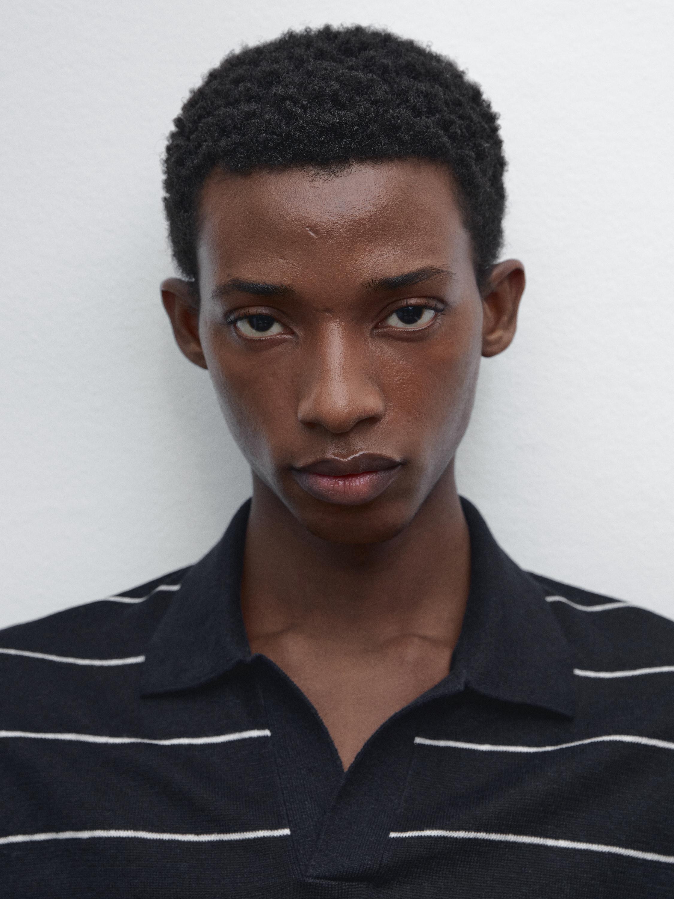 100% linen striped knit polo shirt