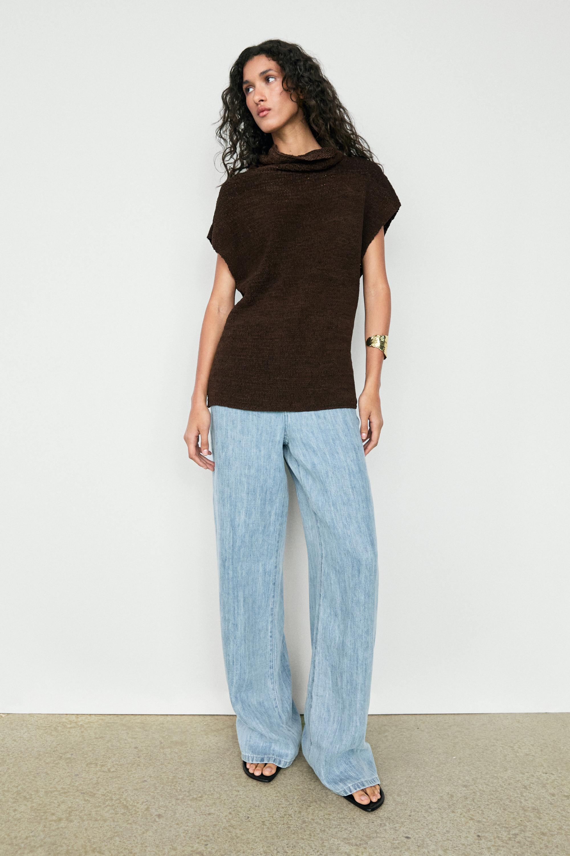 Suede leather knit top — BROWN