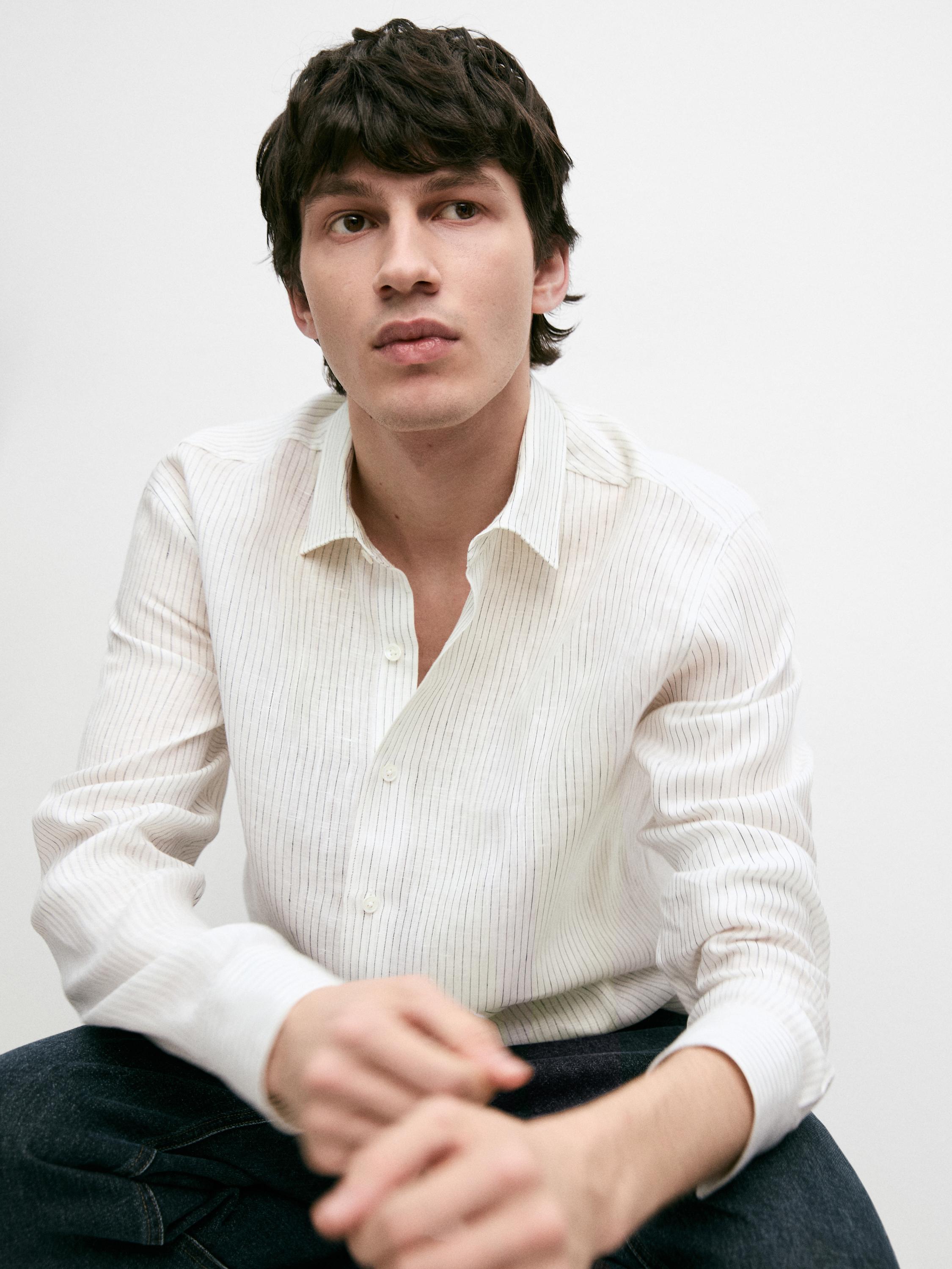 Regular fit striped linen shirt — WHITE