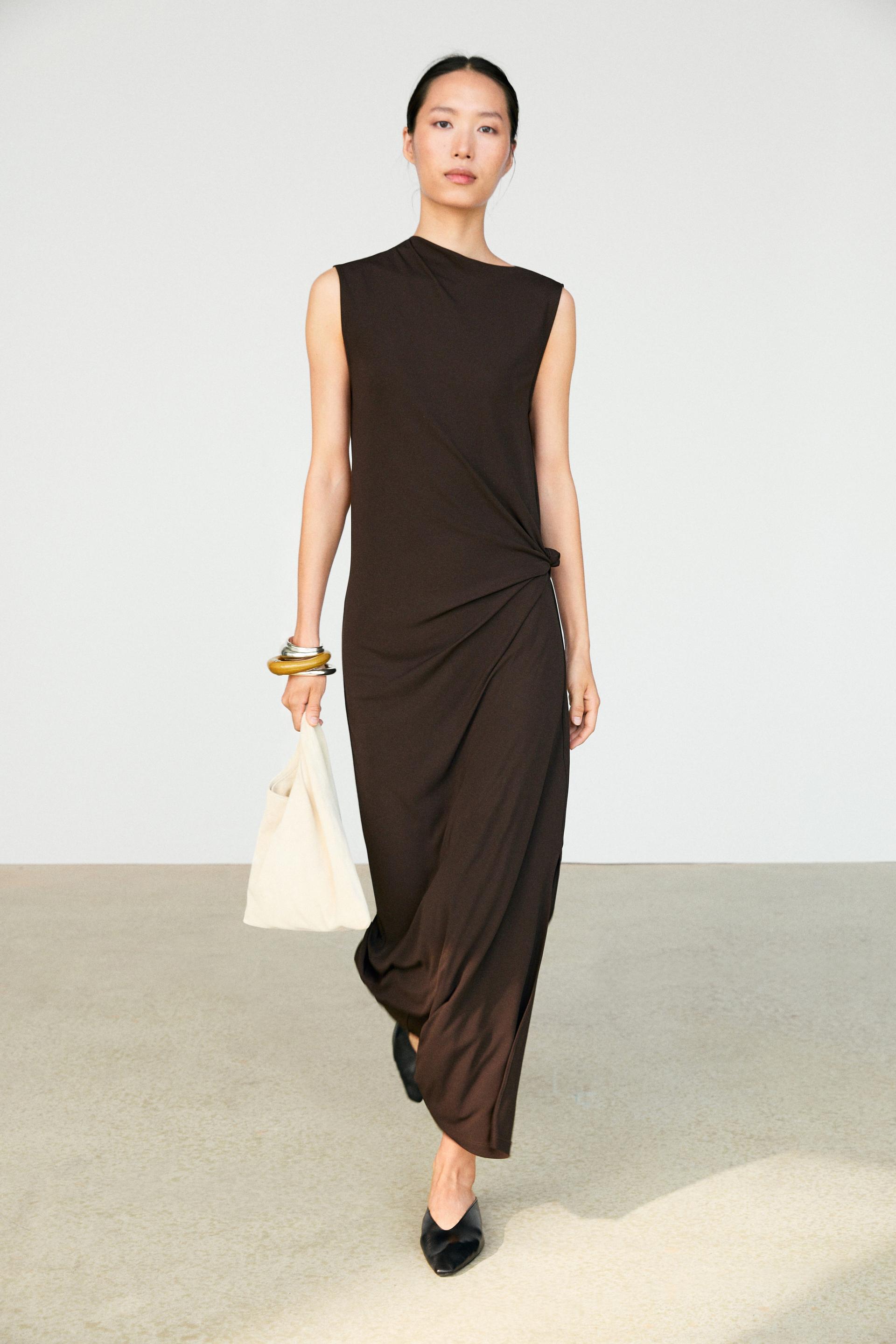 Vestito Midi Asimmetrico Arricciato - Marrone - Xs - Massimo Dutti - Femminile