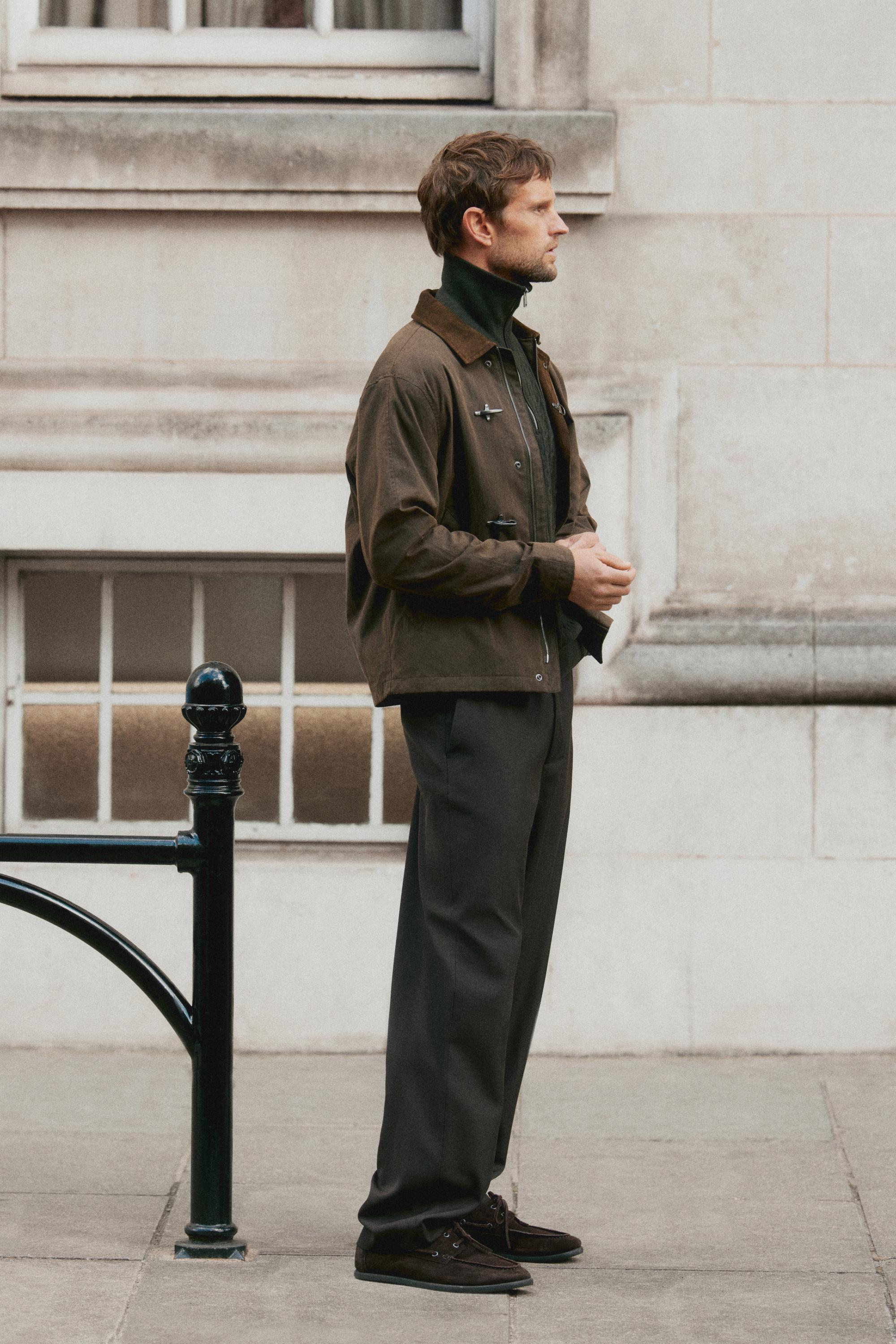 Jacket with leather collar detail — DARK KHAKI