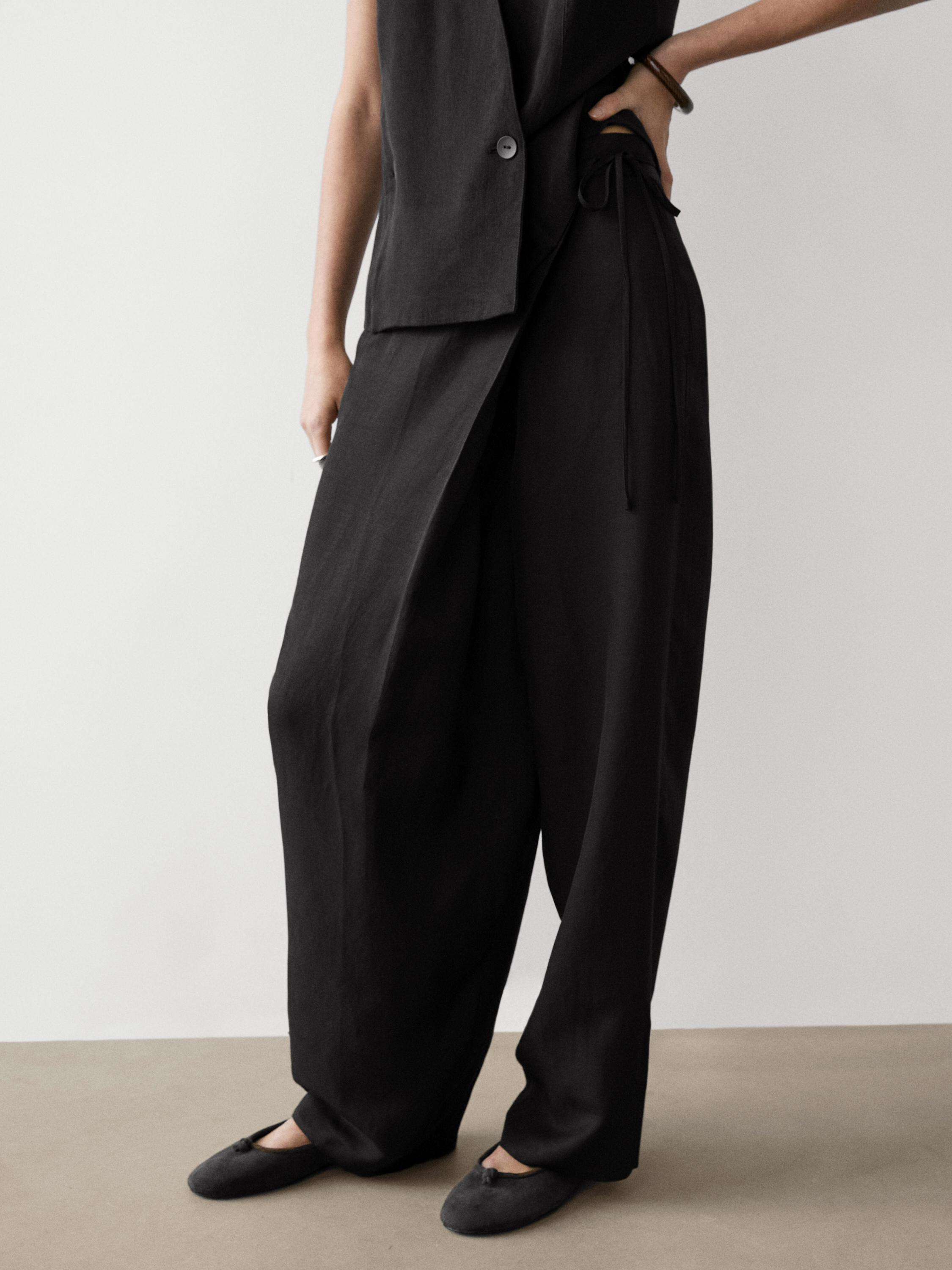 Flowing pareo trousers with tie detail — BLACK