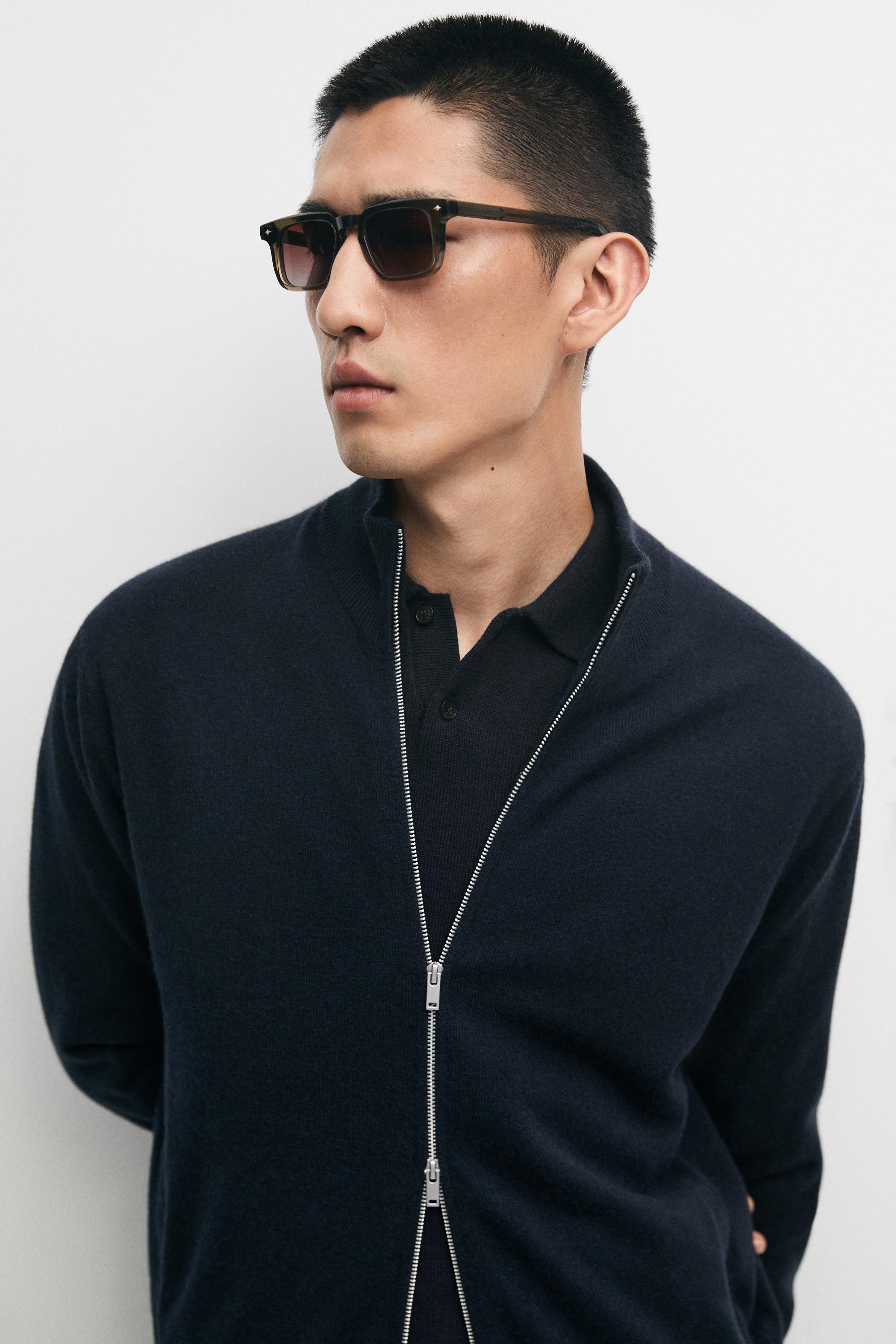 100% cashmere zip-up knit cardigan — NAVY BLUE