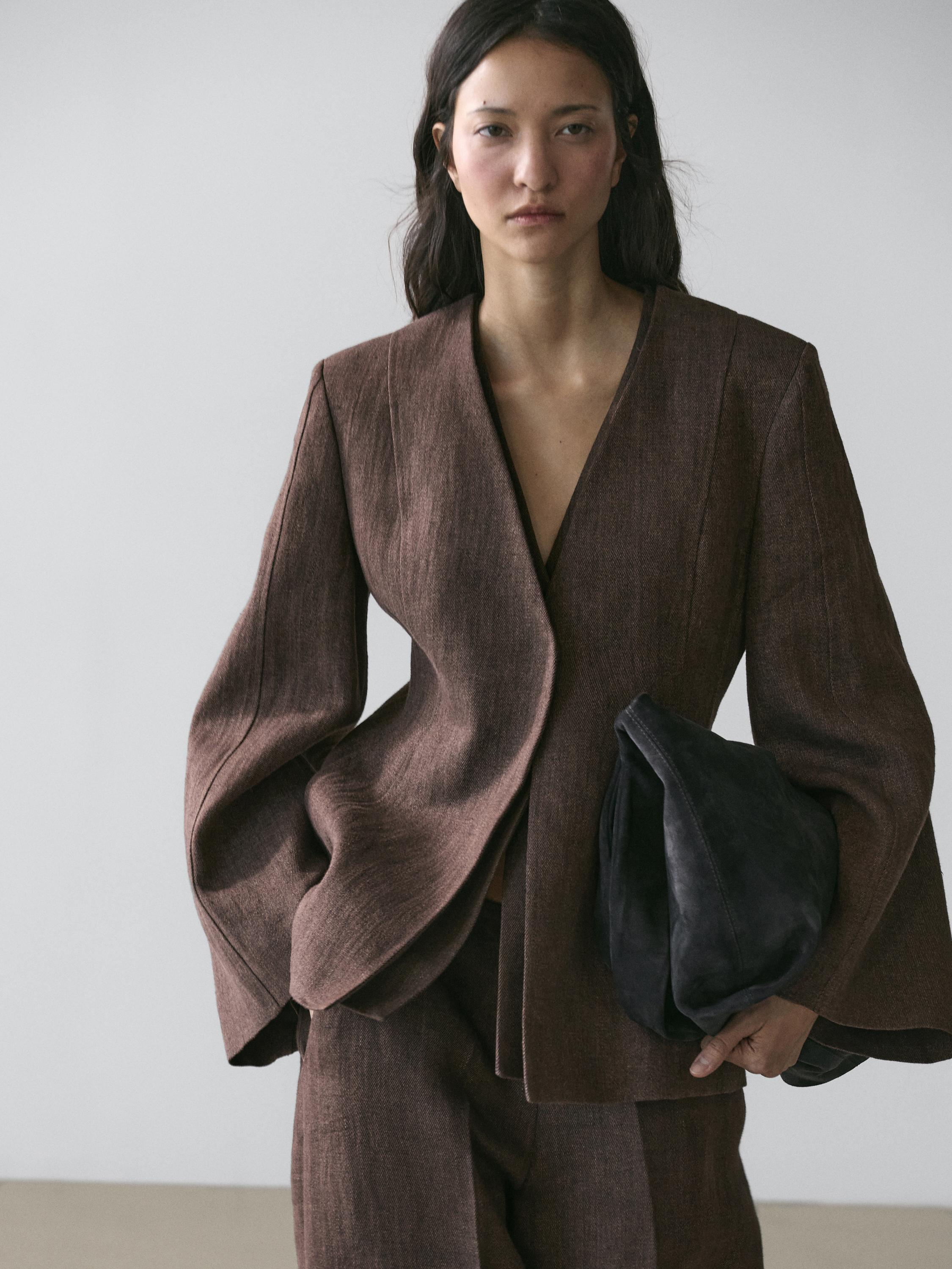 100% linen lapelless blazer — BROWN