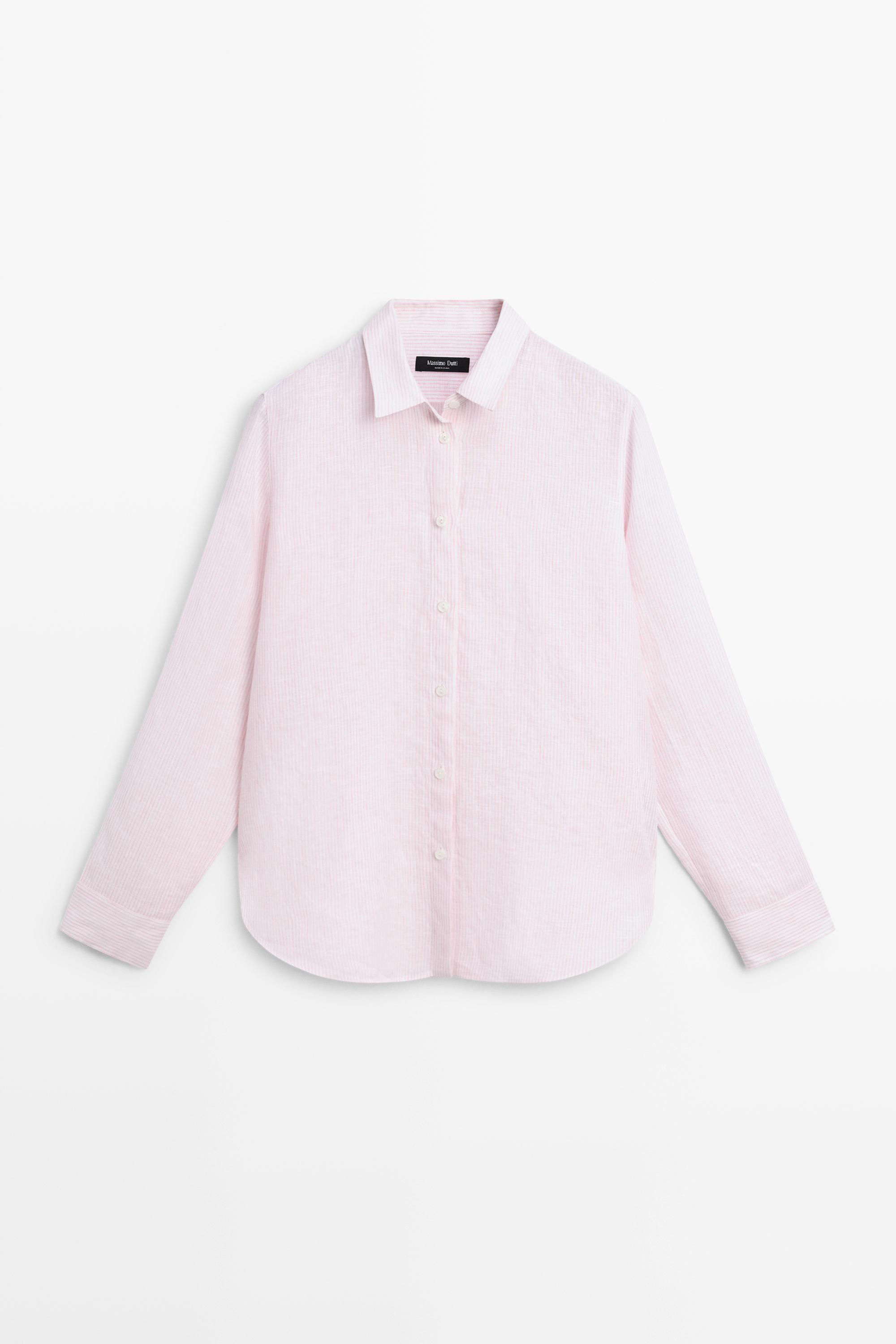 100% linen shirt with striped details — Pink