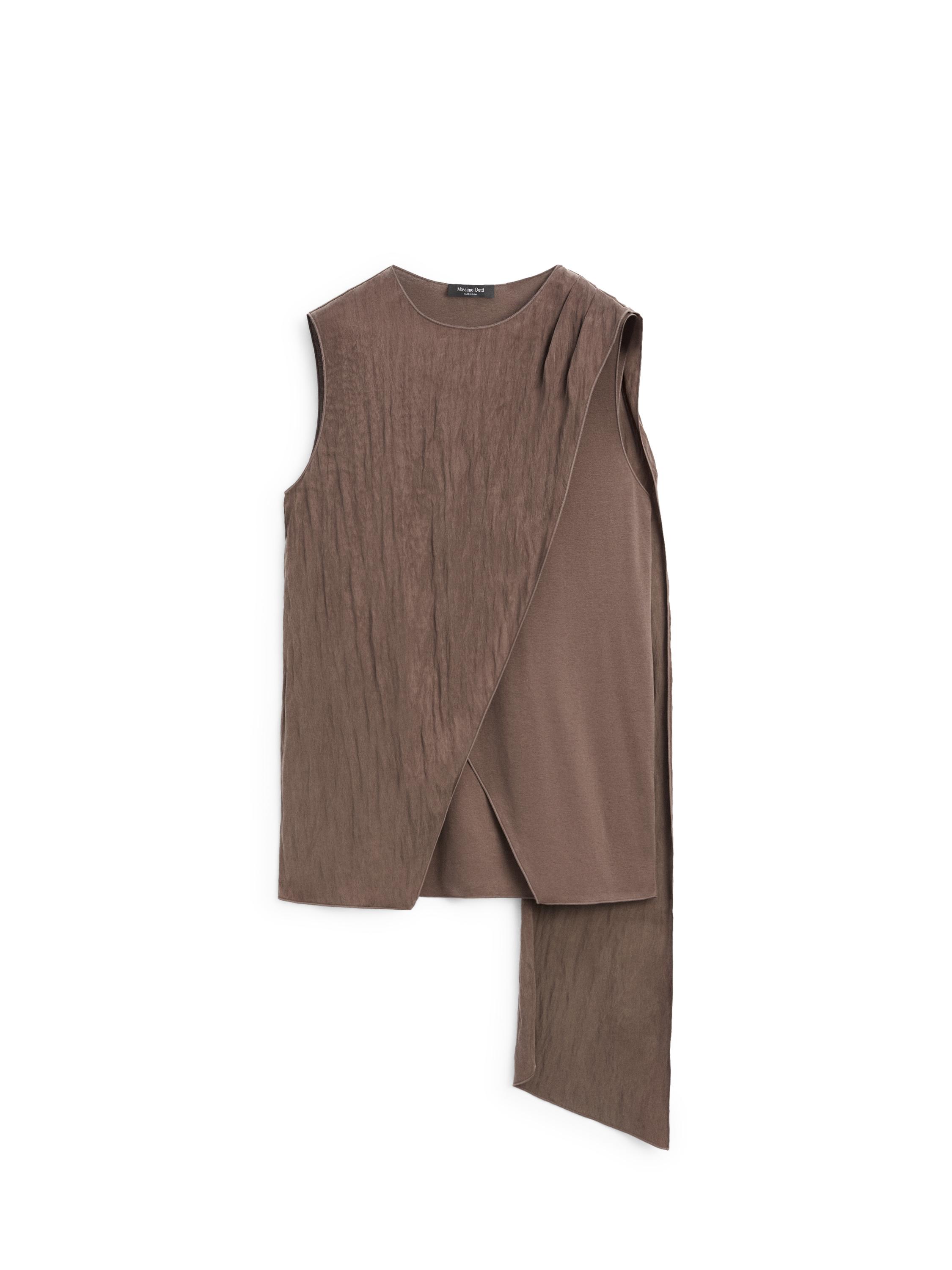 Crossover top with shoulder scarf detail — BROWN