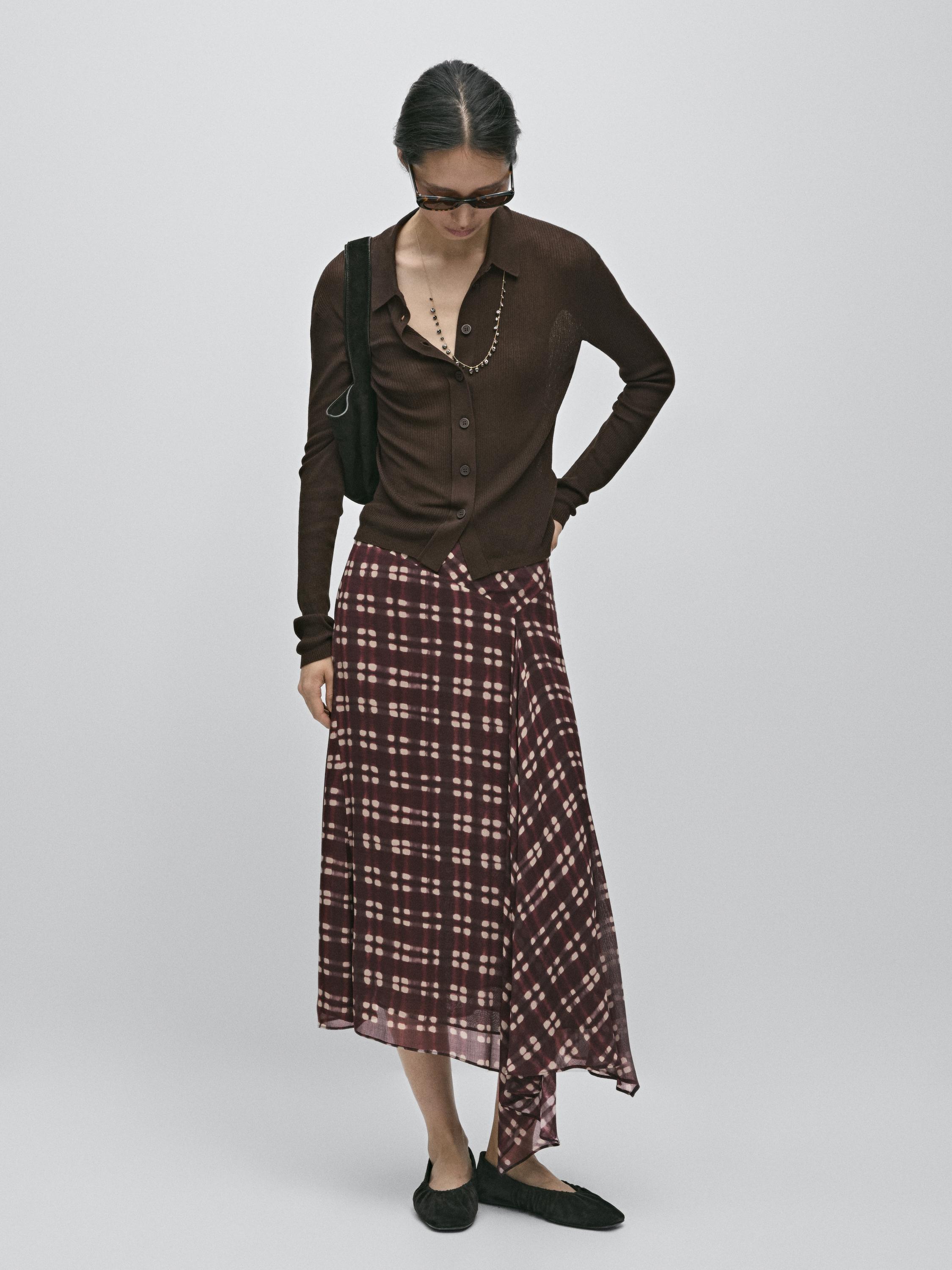 Asymmetric check midi skirt