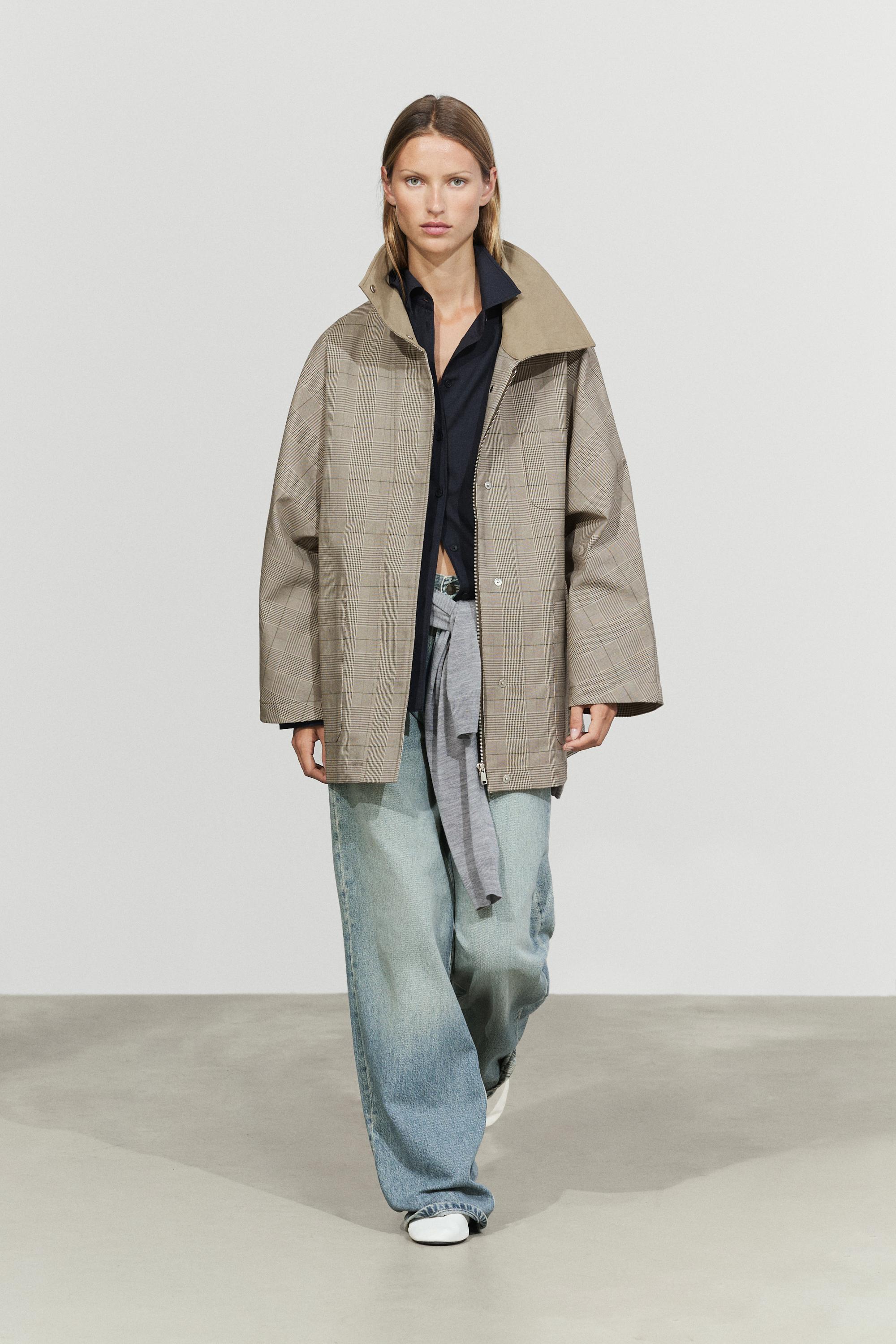 Cotton blend plaid high neck jacket