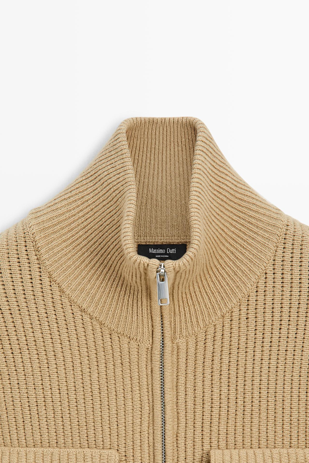 Zip-up knit cardigan with cotton — CAMEL