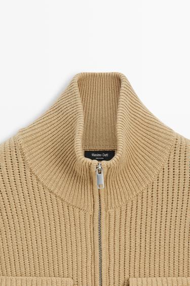 Zip-up knit cardigan with cotton — CAMEL 9