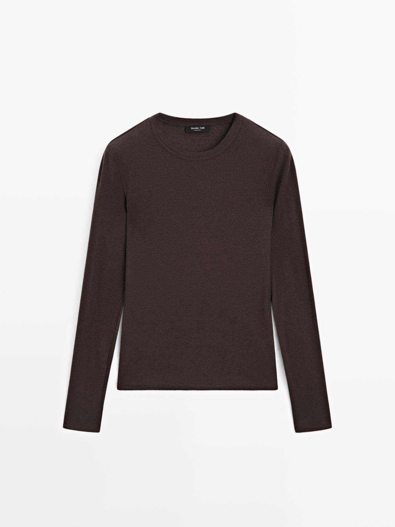 Massimo Dutti - Dame - Langærmet T-Shirt I Bomuldsblanding - Brun - L