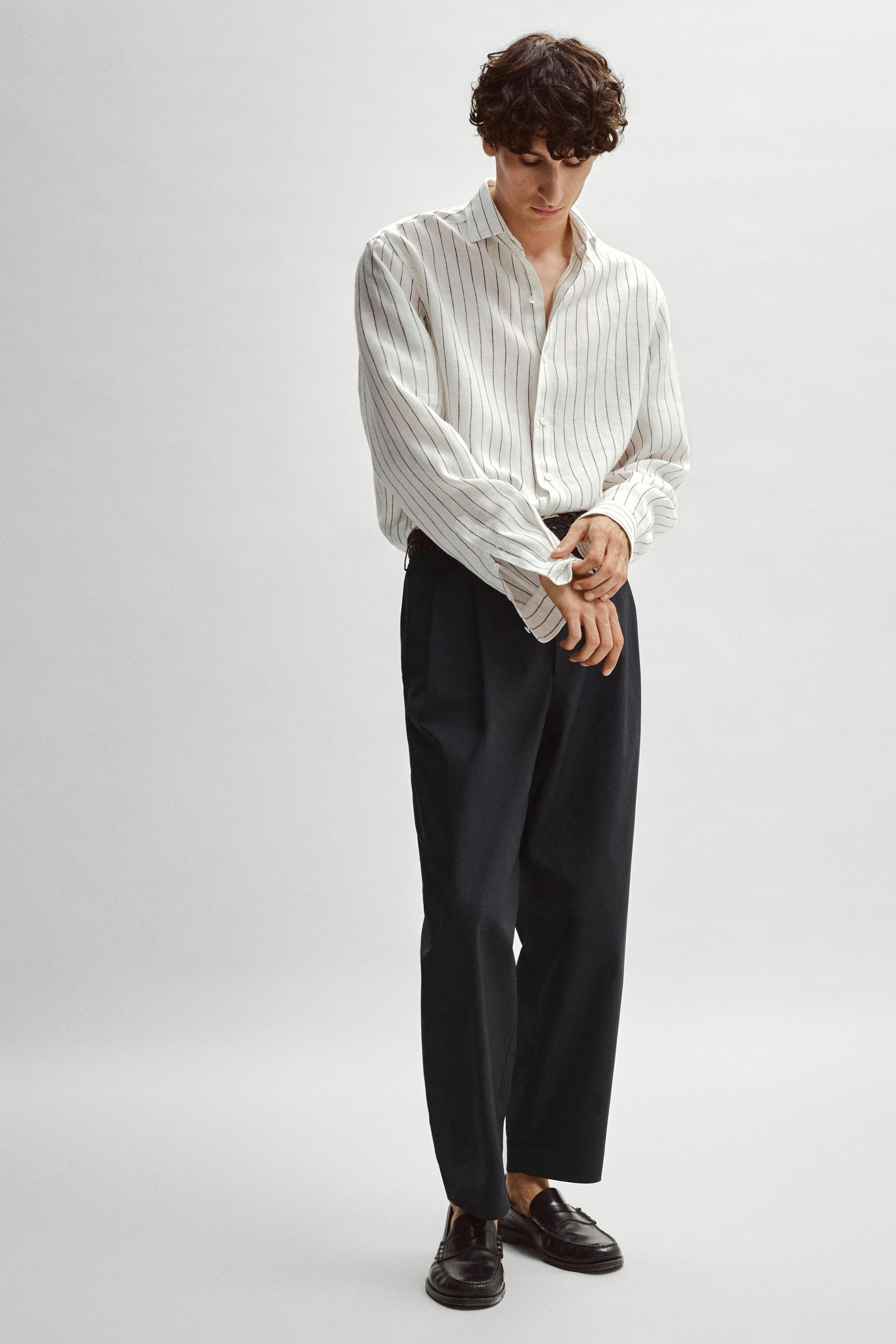 100% linen slim fit striped shirt — Off white