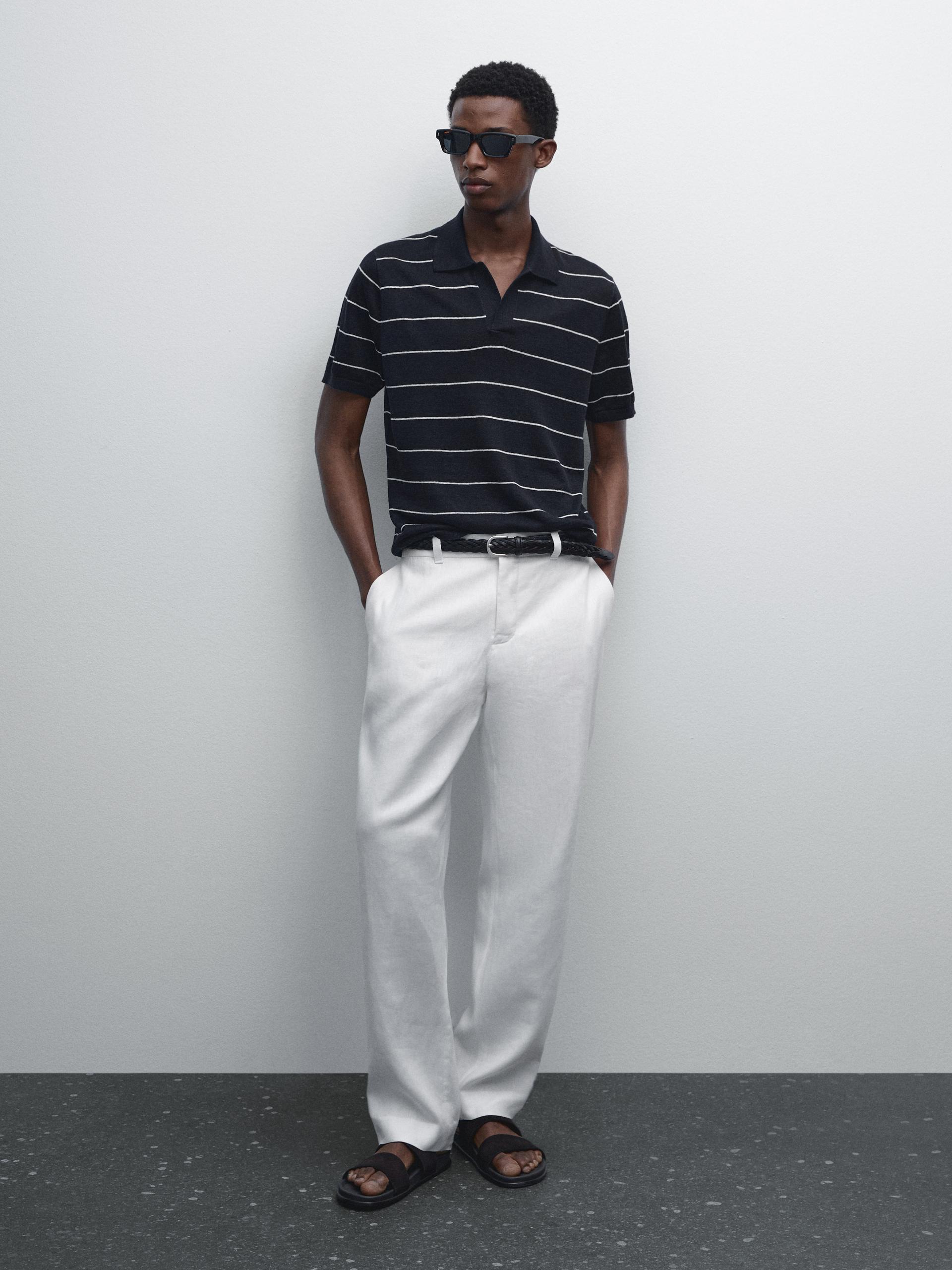 Polo À Rayures En Maille 100 % Lin - Bleu Marine - L - Massimo Dutti - Homme