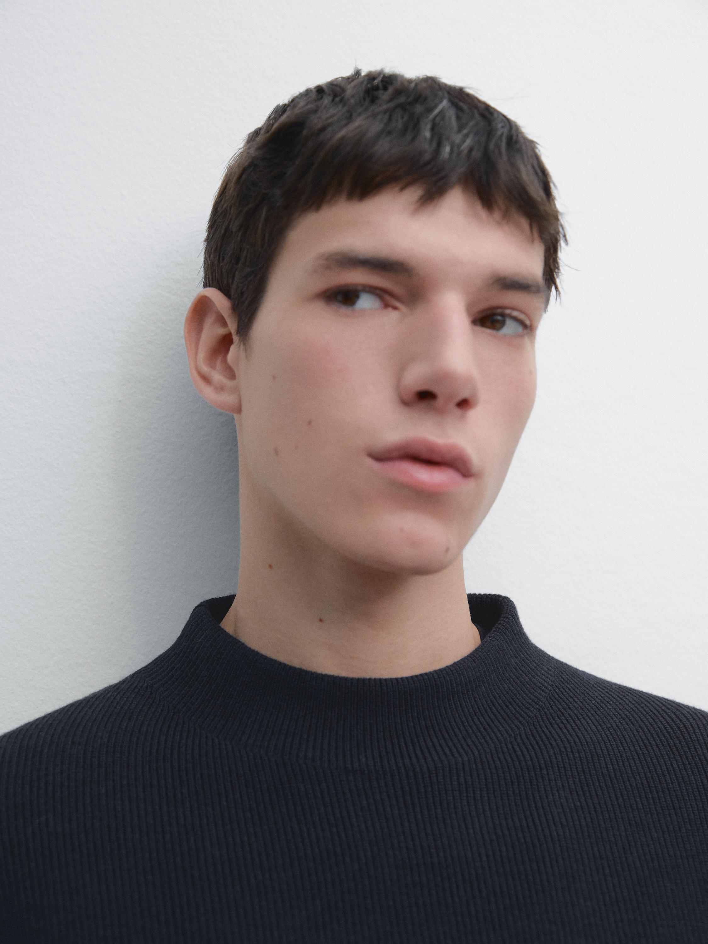 Cotton blend knit sweater with mock turtleneck — NAVY BLUE