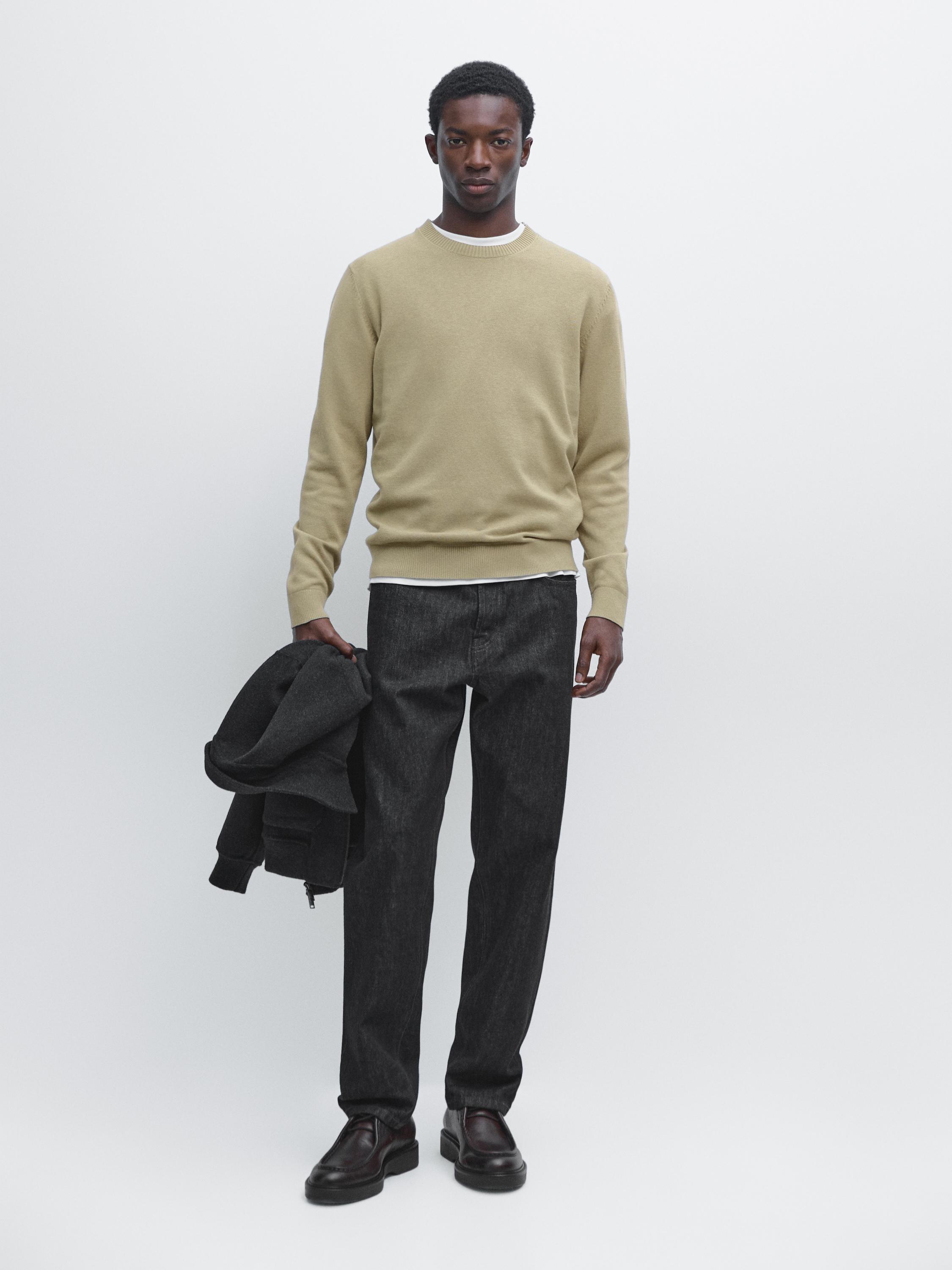 Knit cotton and wool sweater with crew neck