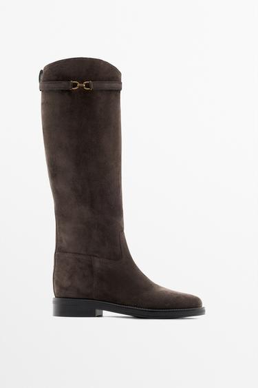Split suede leather equestrian boot — BROWN 1