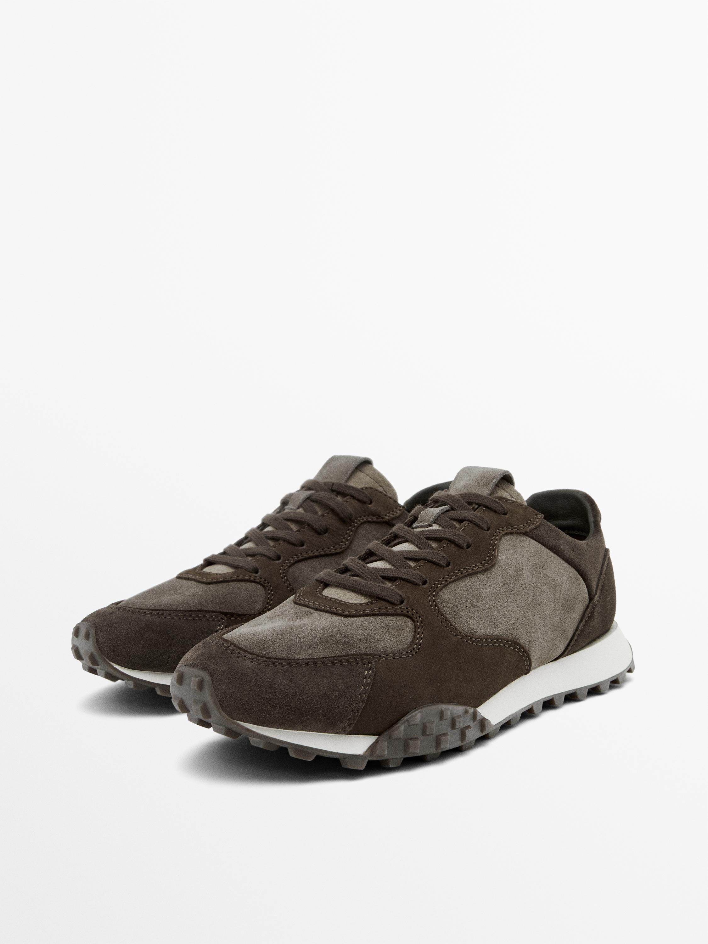 Contrast leather trainers — BROWN