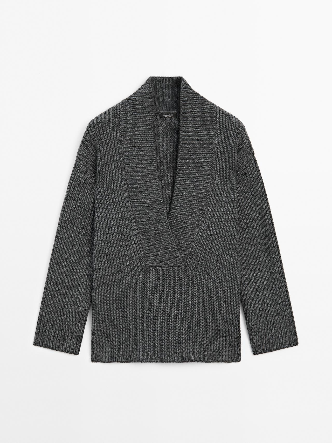 Massimo Dutti - Dame - Striktrøje I Vrangstrik Med Dyb Udskæring - Grå - S