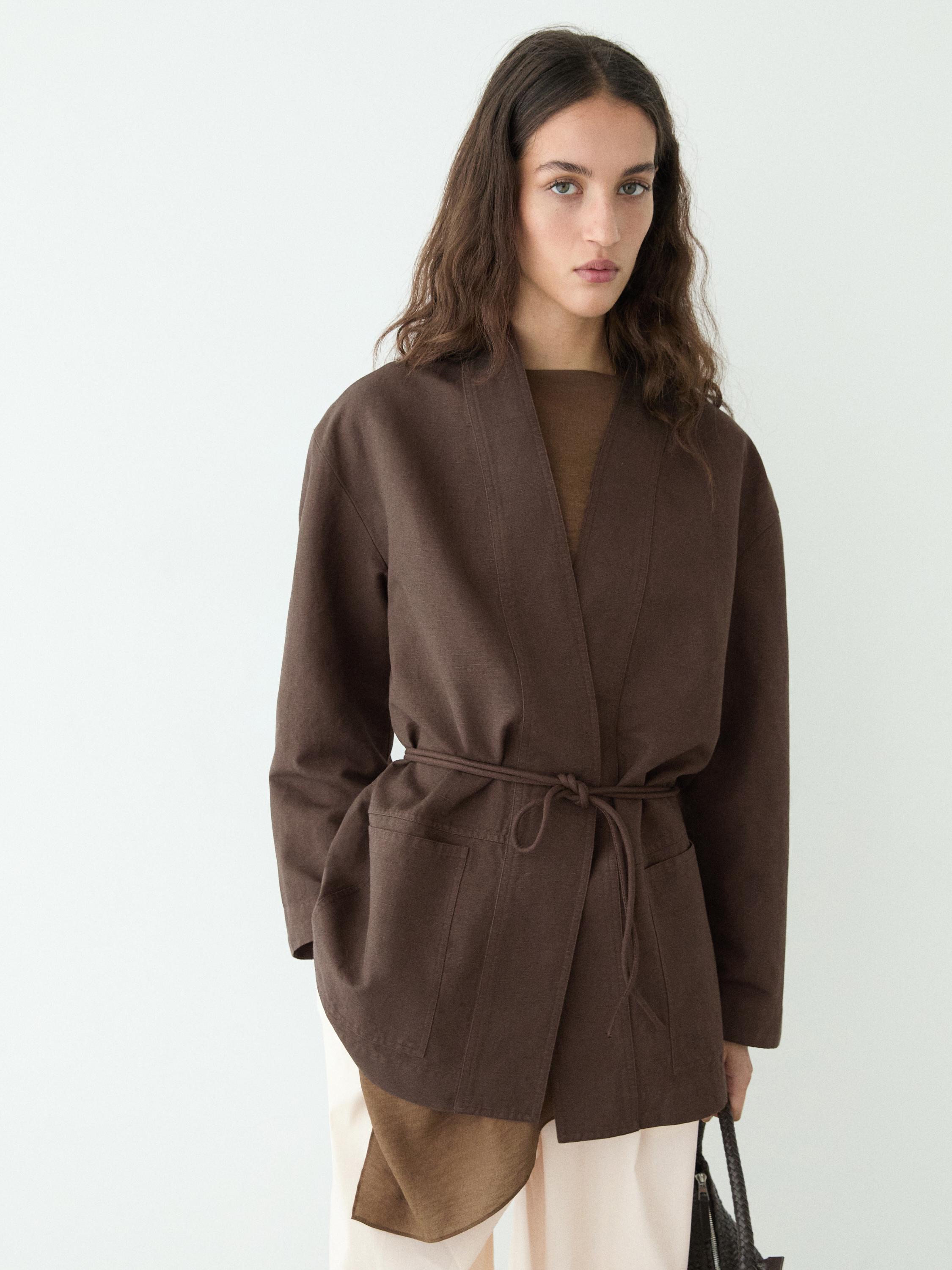 Linen blend kimono jacket with tie detail — Chocolate