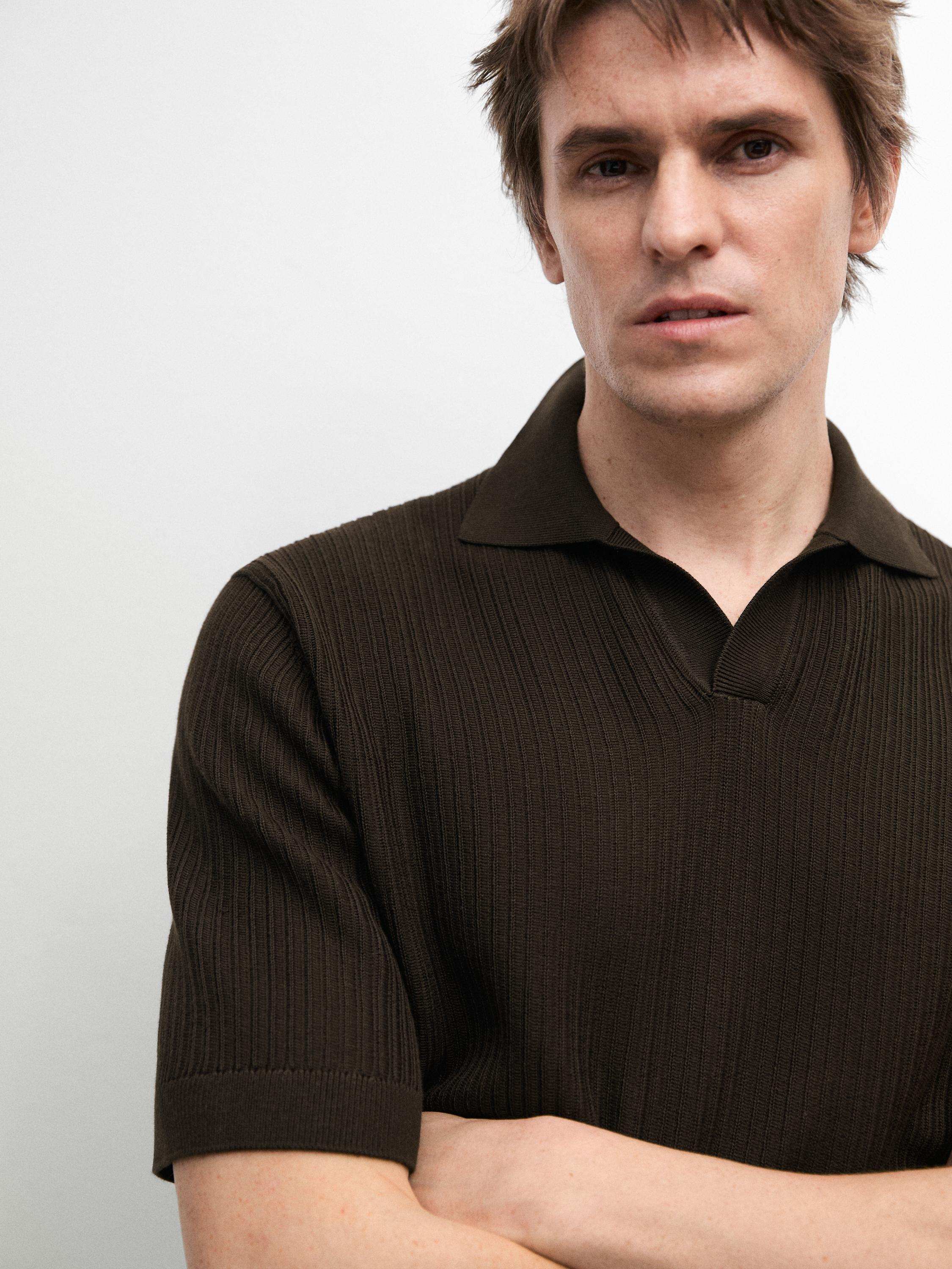 Regular fit cotton knit polo shirt — BROWN MARL
