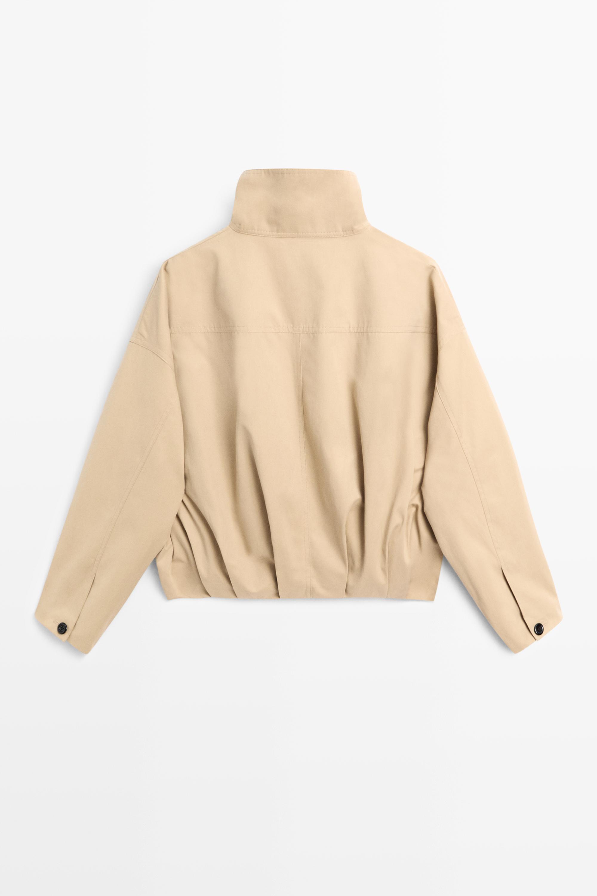 Pleated stand-collar bomber jacket — Beige