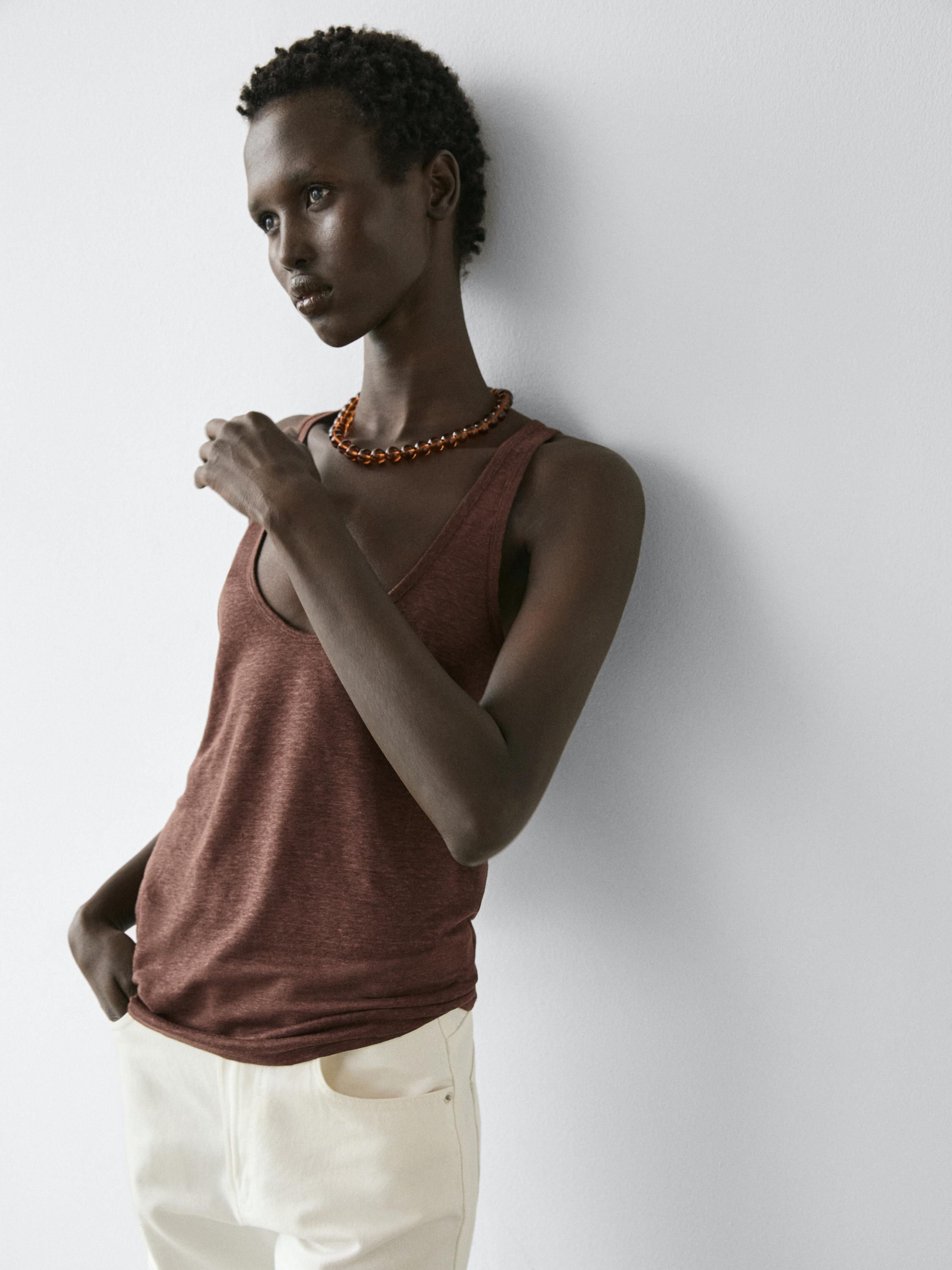 100% linen strappy top — Chocolate