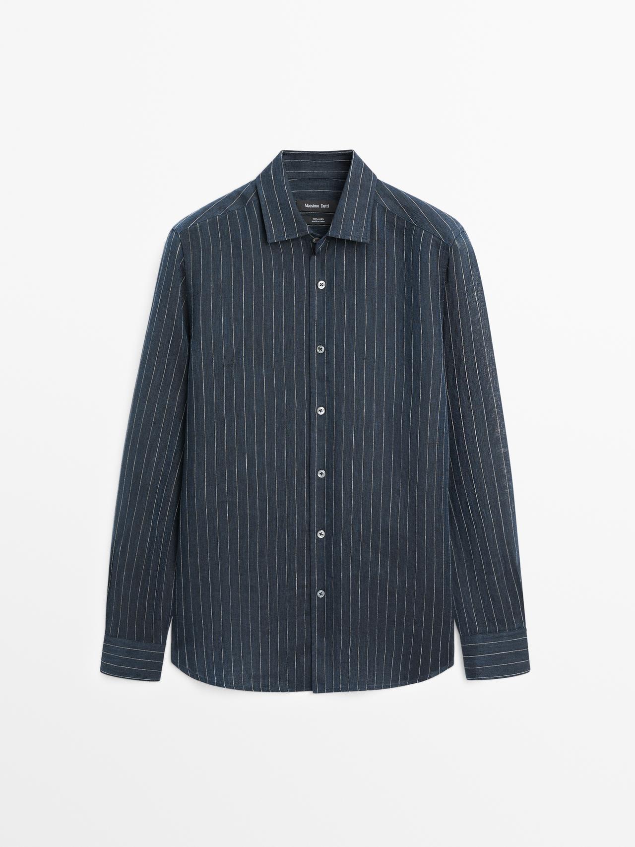 Massimo Dutti - Herre - Stribet Regular Fit Skjorte I Hør - Marineblå - S