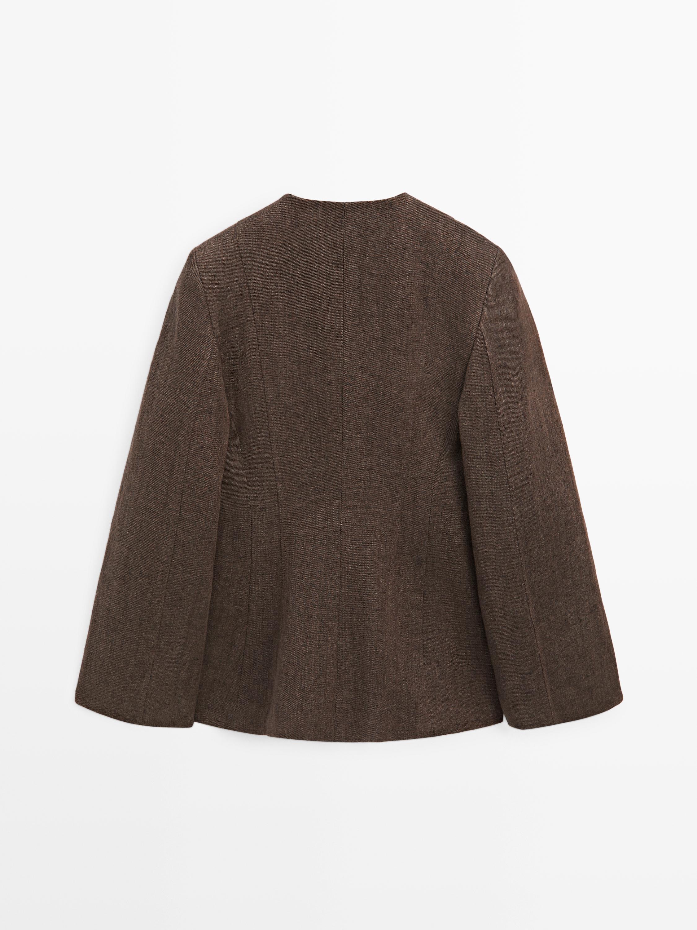 100% linen lapelless blazer — BROWN