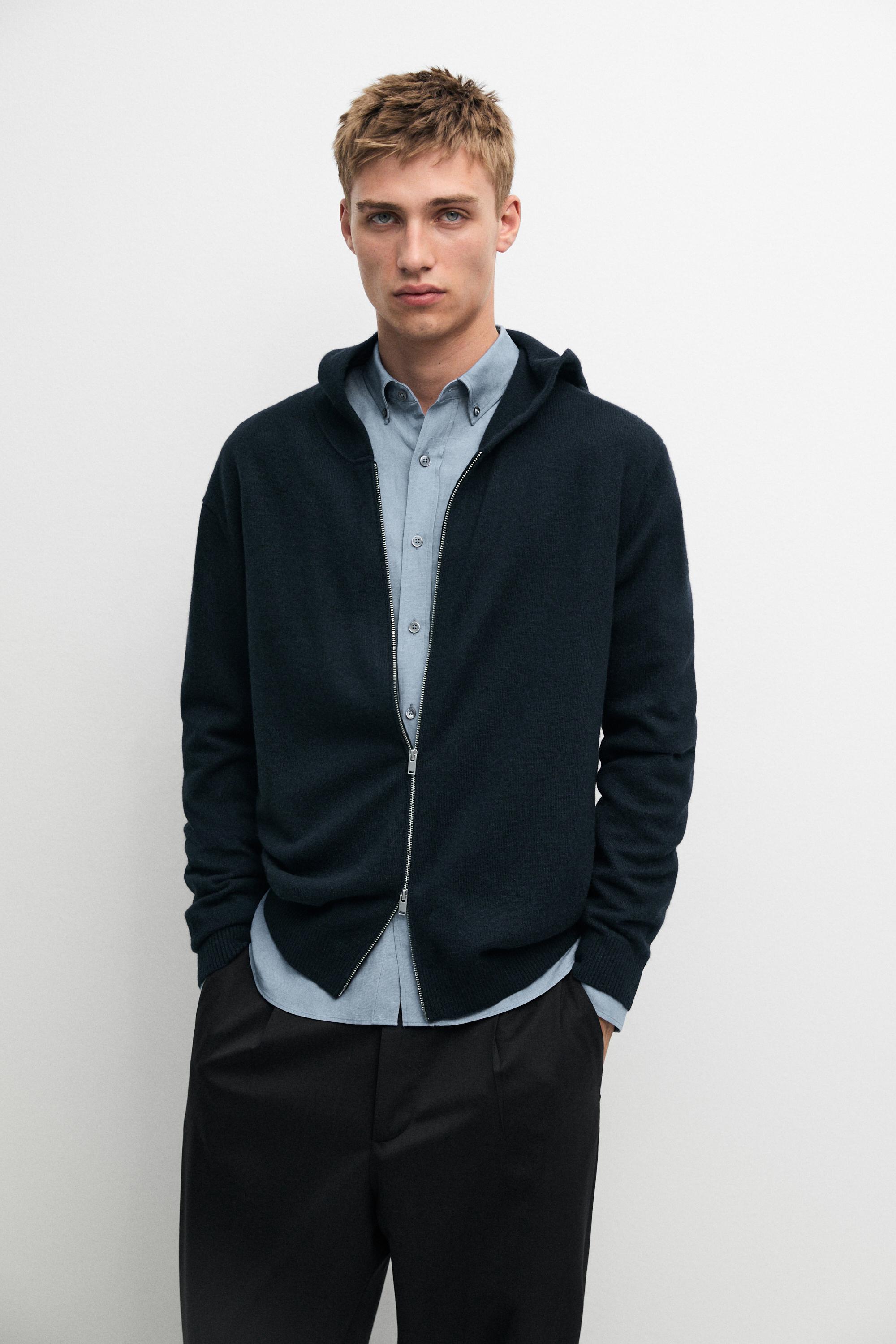 100% cashmere hooded knit cardigan — NAVY BLUE