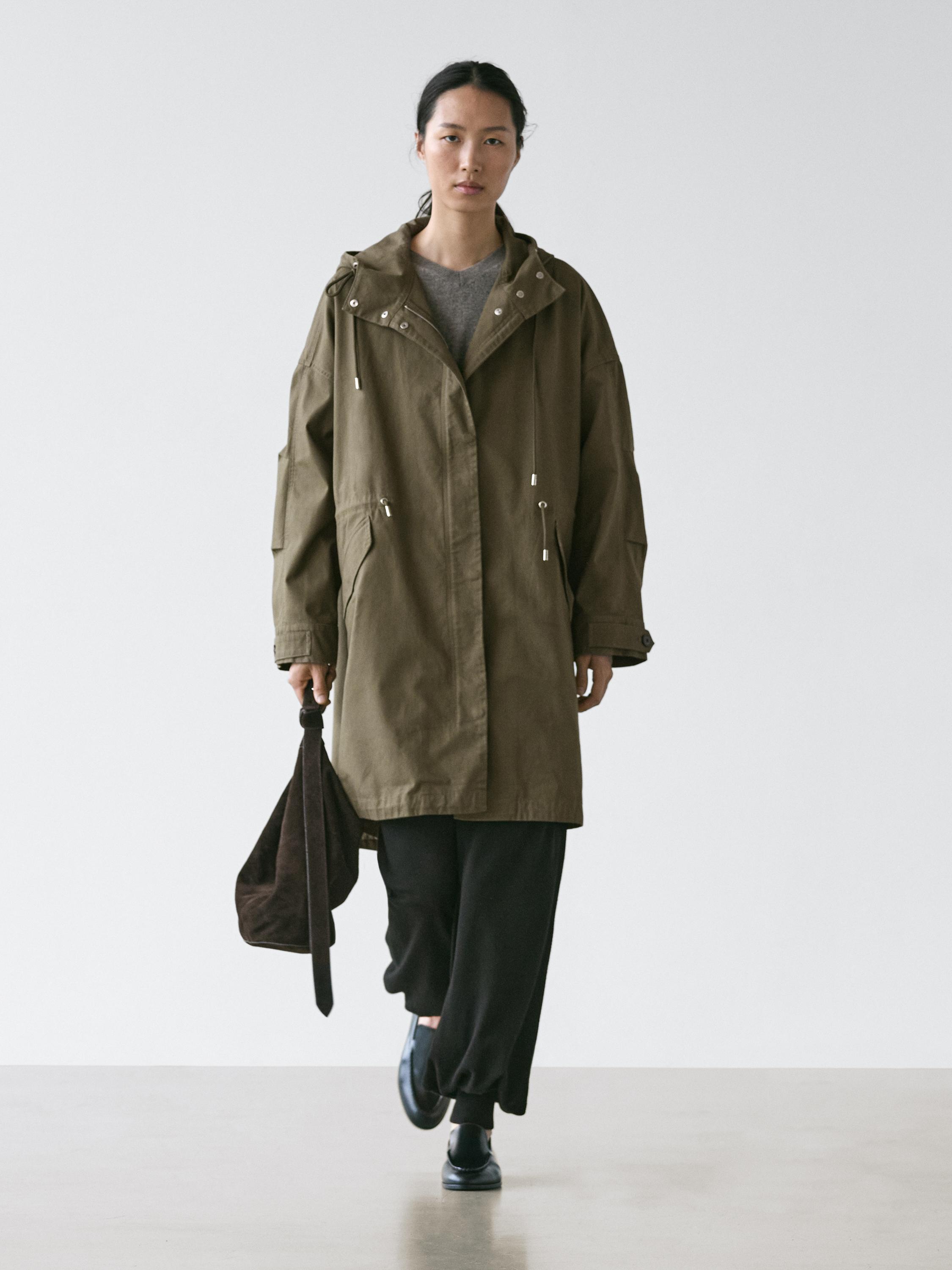 Technical fabric trench coat with hood — BOTTLE GREEN