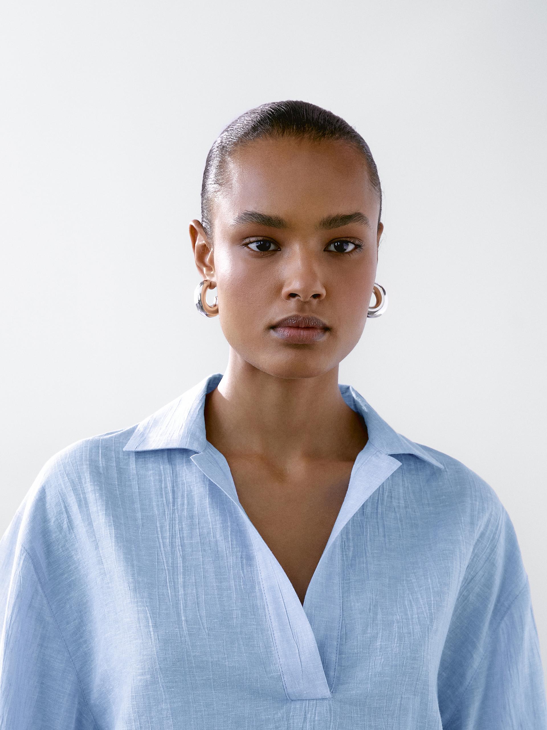 Camicetta Con Collo A Polo In Misto Lino - Azzurro - L - Massimo Dutti - Femminile