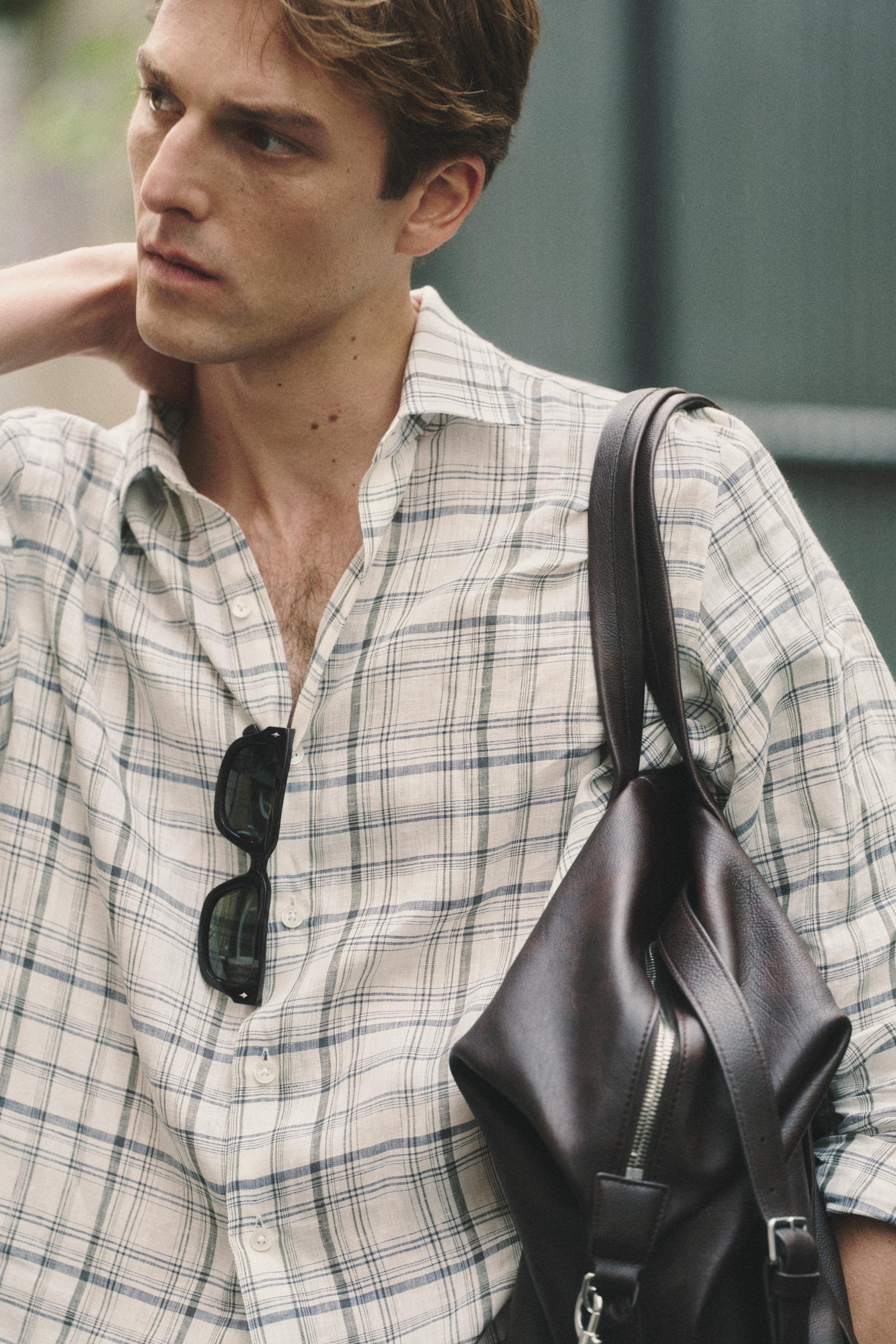100% linen check shirt — CREAM