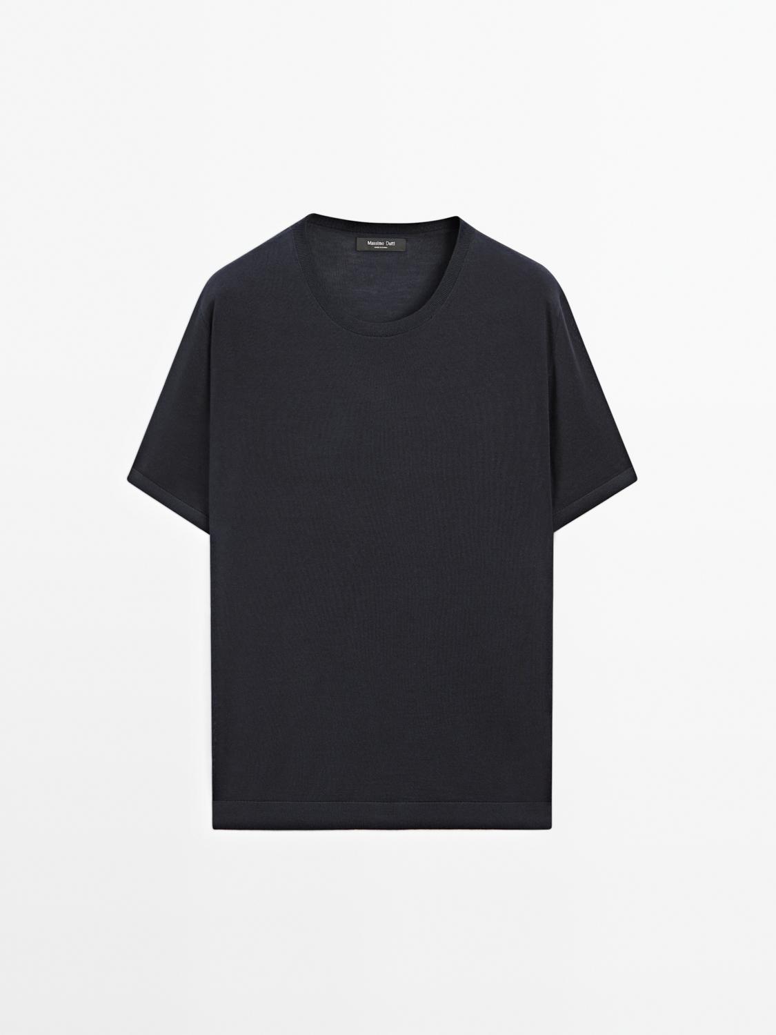 Massimo Dutti - Herre - Kortærmet T-Shirt I Strik Af Uldblanding - Marineblå - Xl